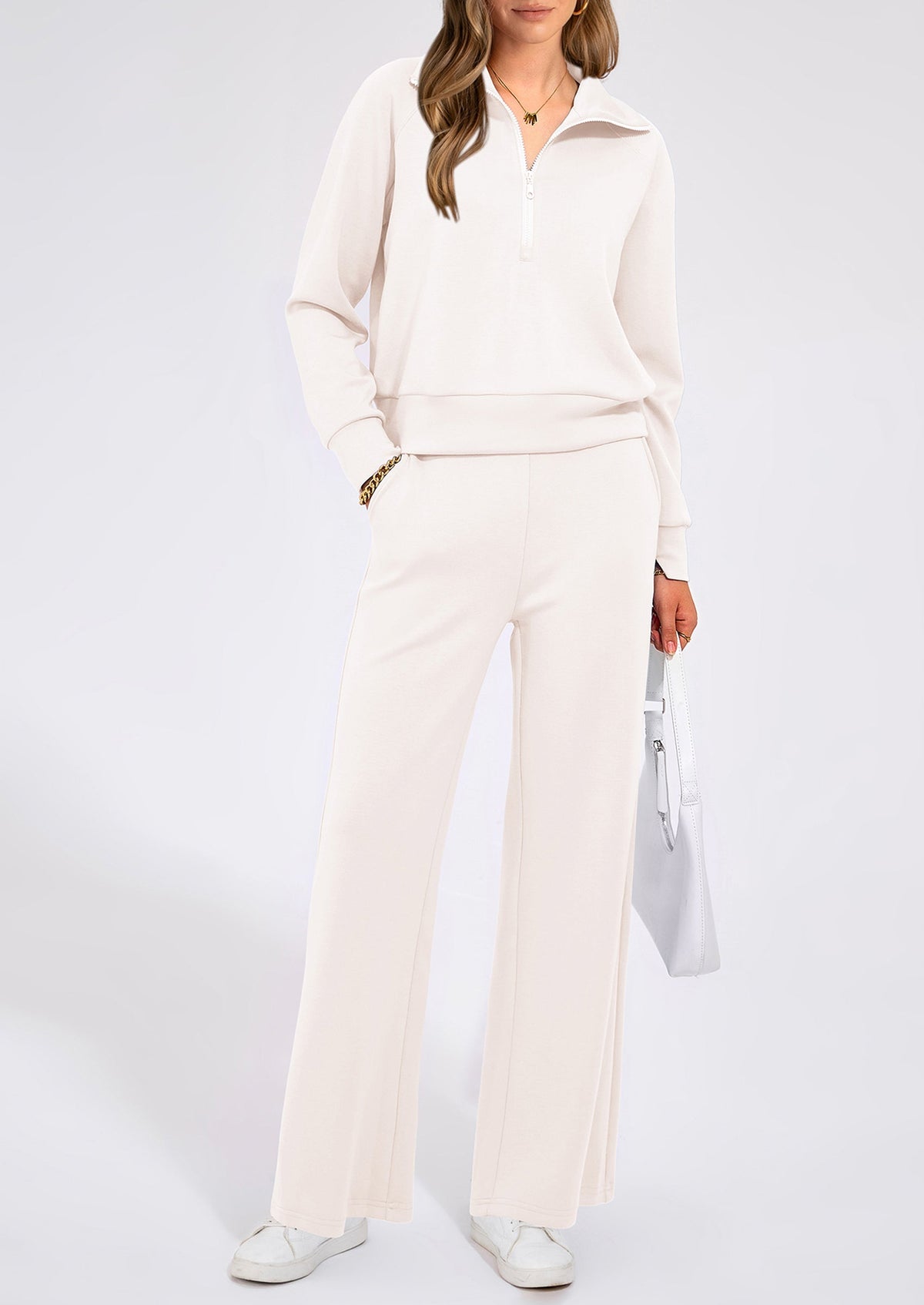 Pisania Women's 2 Piece Outfits Casual Lapel Half Zip Sweatshirts And Wide Leg Pants Tracksuit Sets