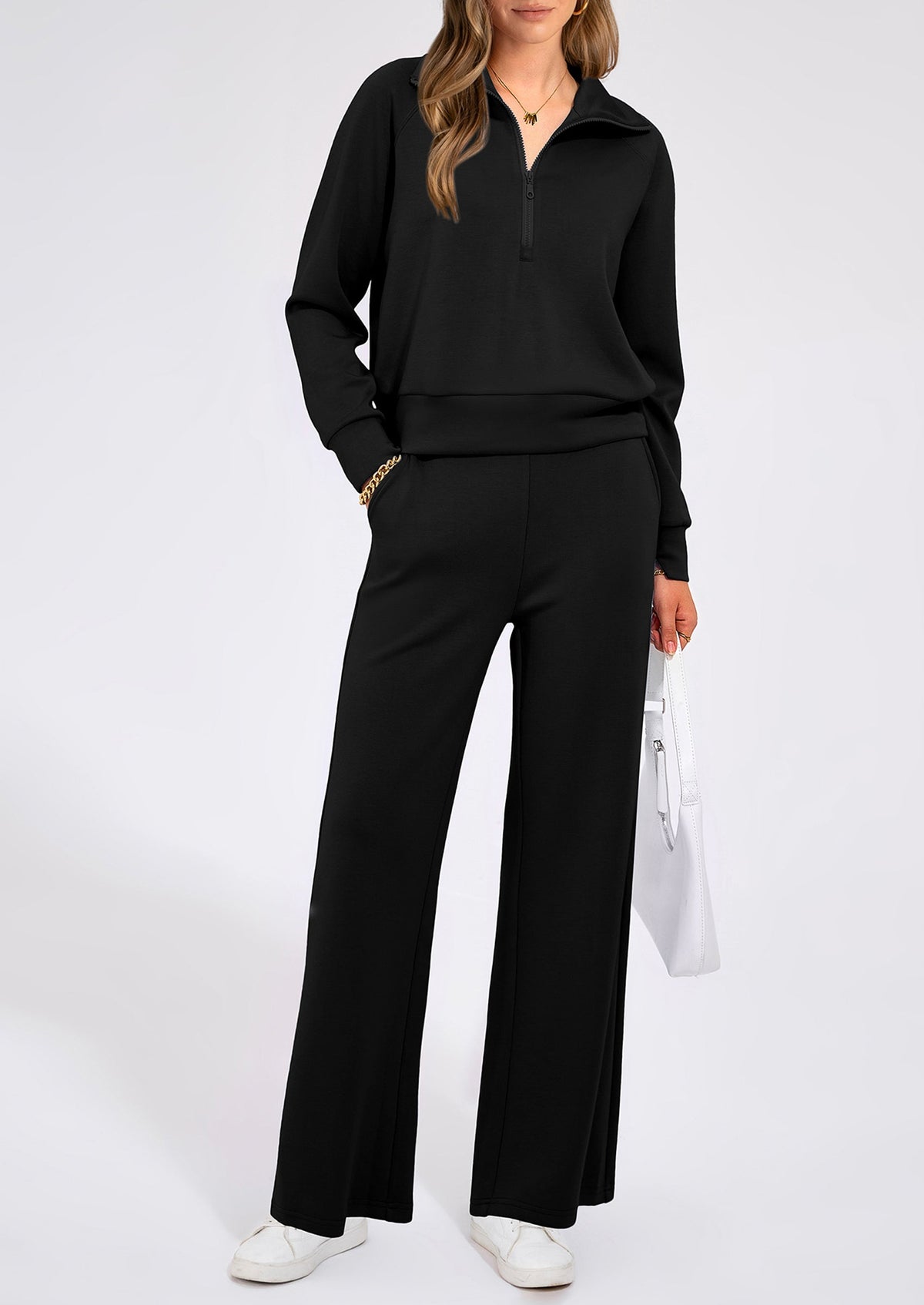 Pisania Women's 2 Piece Outfits Casual Lapel Half Zip Sweatshirts And Wide Leg Pants Tracksuit Sets