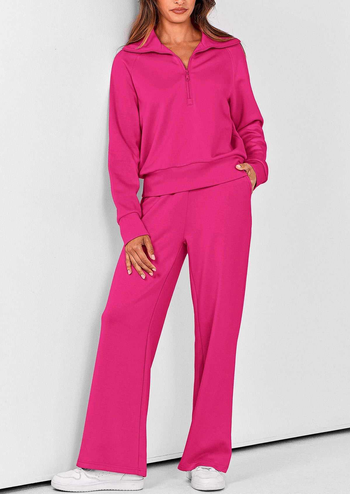 Pisania Women's 2 Piece Outfits Casual Lapel Half Zip Sweatshirts And Wide Leg Pants Tracksuit Sets