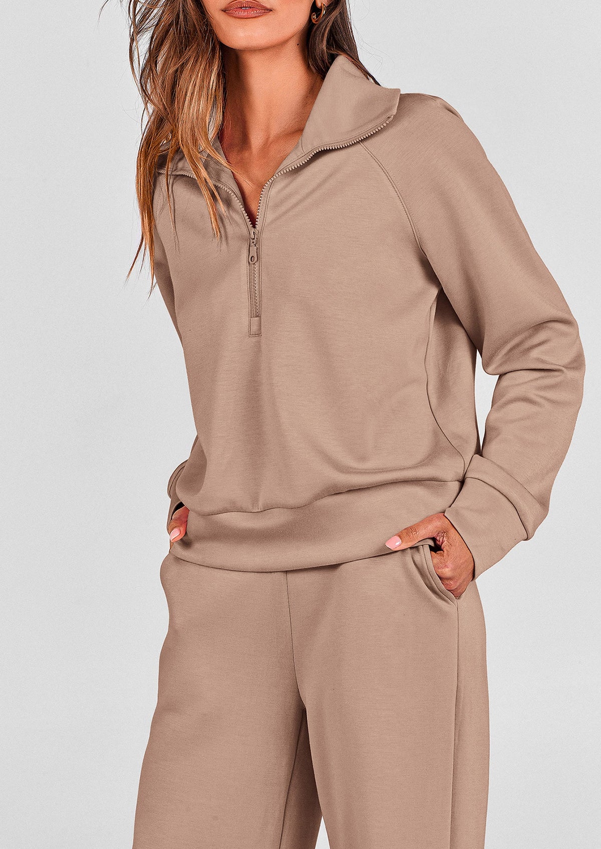 Pisania Women's 2 Piece Outfits Casual Lapel Half Zip Sweatshirts And Wide Leg Pants Tracksuit Sets