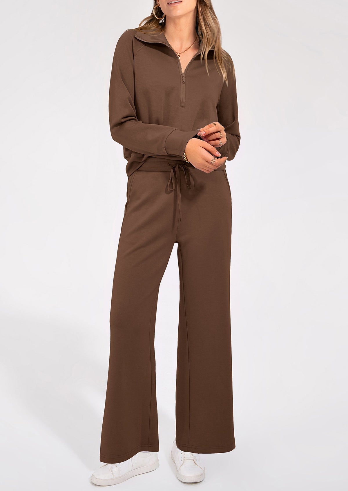 Pisania Women's 2 Piece Outfits Casual Lapel Half Zip Sweatshirts And Wide Leg Pants Tracksuit Sets