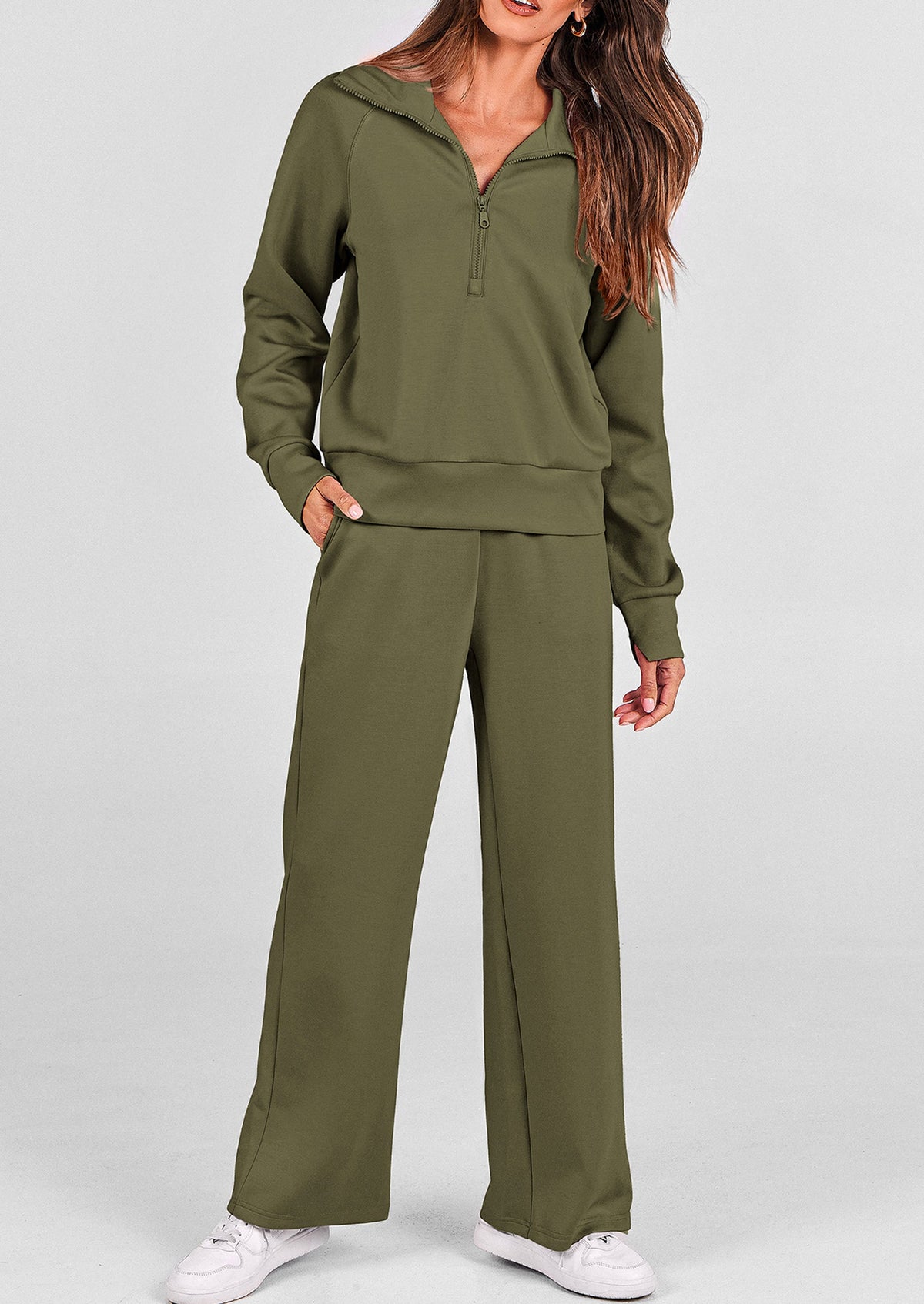 Pisania Women's 2 Piece Outfits Casual Lapel Half Zip Sweatshirts And Wide Leg Pants Tracksuit Sets