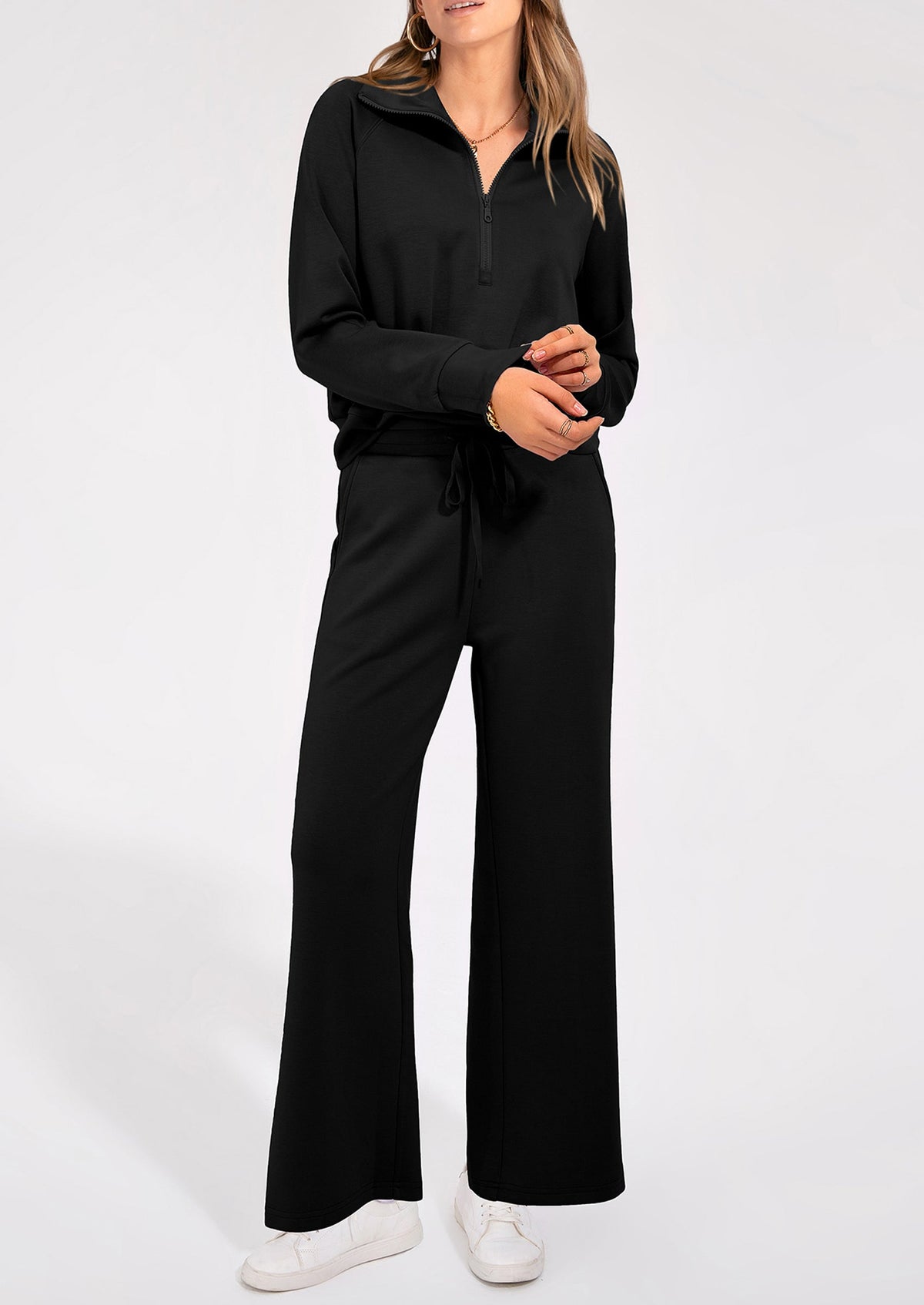 Pisania Women's 2 Piece Outfits Casual Lapel Half Zip Sweatshirts And Wide Leg Pants Tracksuit Sets