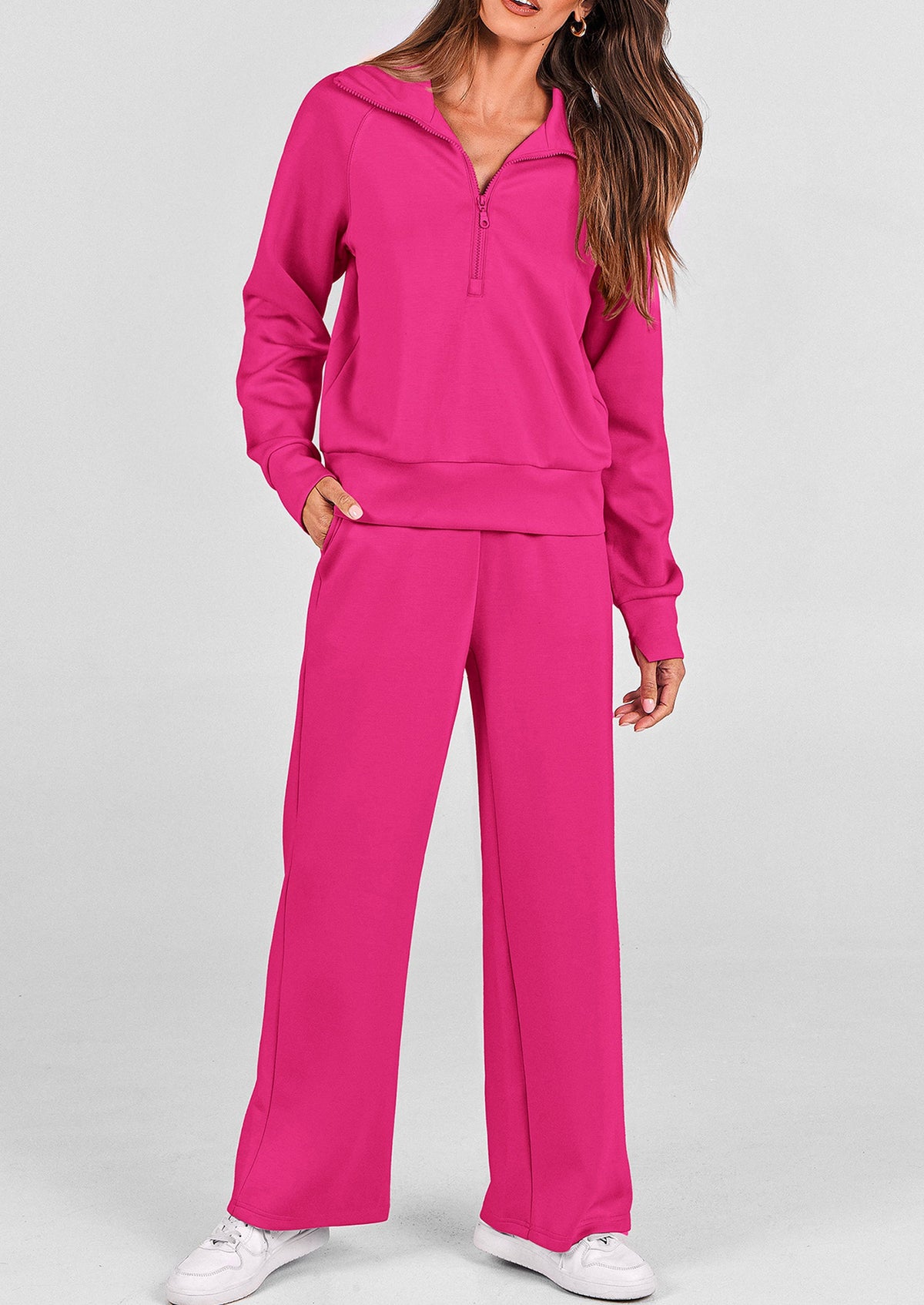 Pisania Women's 2 Piece Outfits Casual Lapel Half Zip Sweatshirts And Wide Leg Pants Tracksuit Sets