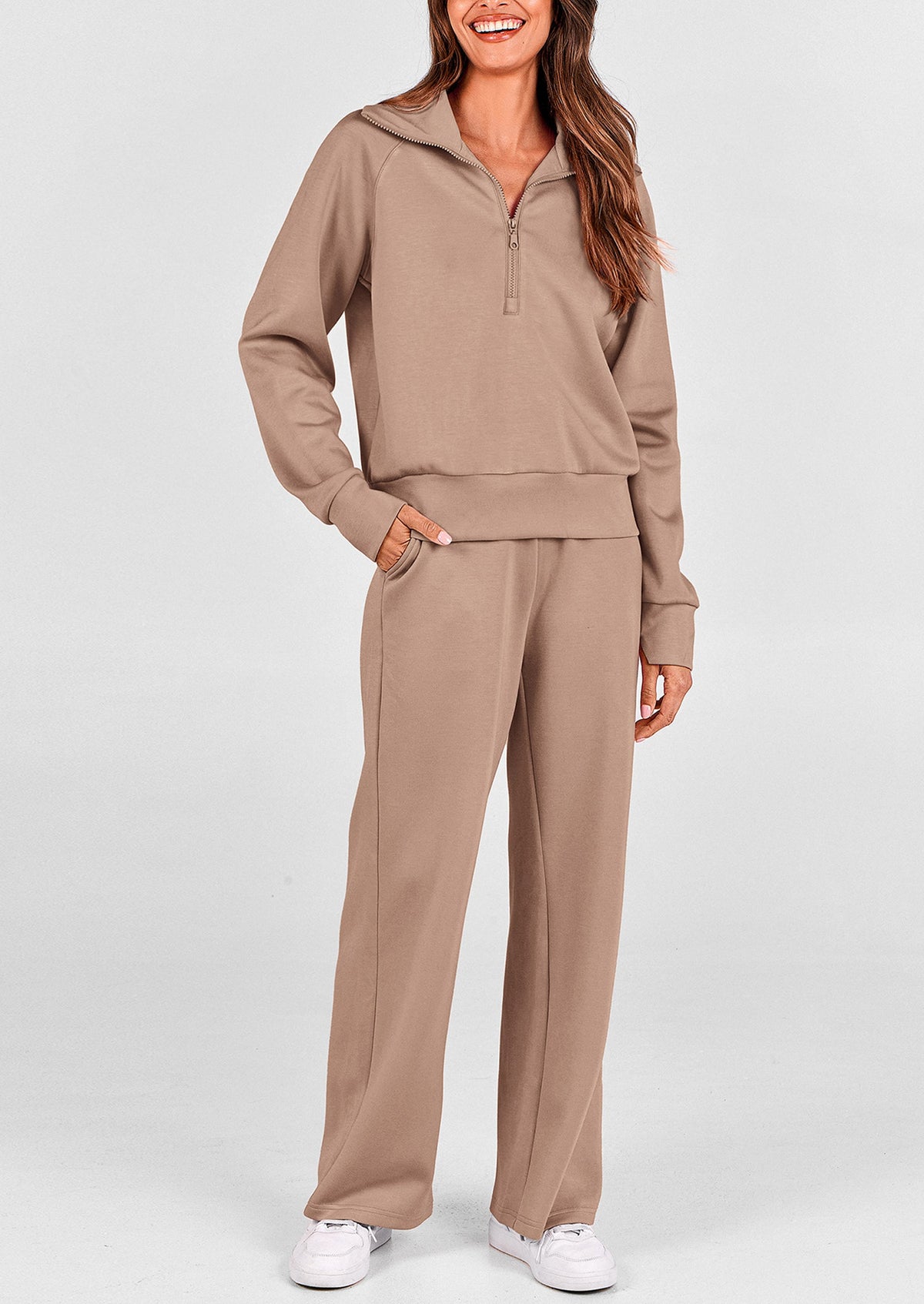 Pisania Women's 2 Piece Outfits Casual Lapel Half Zip Sweatshirts And Wide Leg Pants Tracksuit Sets