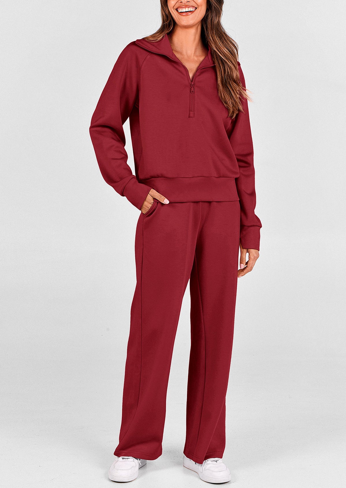 Pisania Women's 2 Piece Outfits Casual Lapel Half Zip Sweatshirts And Wide Leg Pants Tracksuit Sets