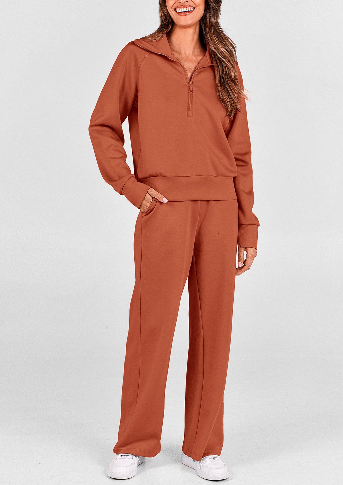 Pisania Women's 2 Piece Outfits Casual Lapel Half Zip Sweatshirts And Wide Leg Pants Tracksuit Sets