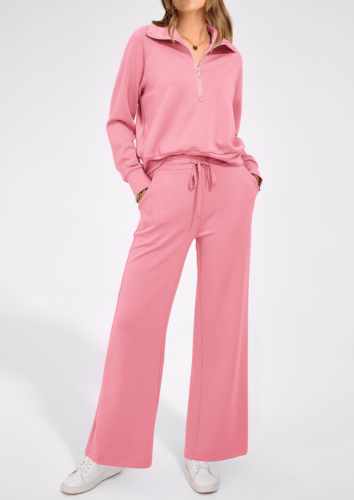 Pisania Women's 2 Piece Outfits Casual Lapel Half Zip Sweatshirts And Wide Leg Pants Tracksuit Sets
