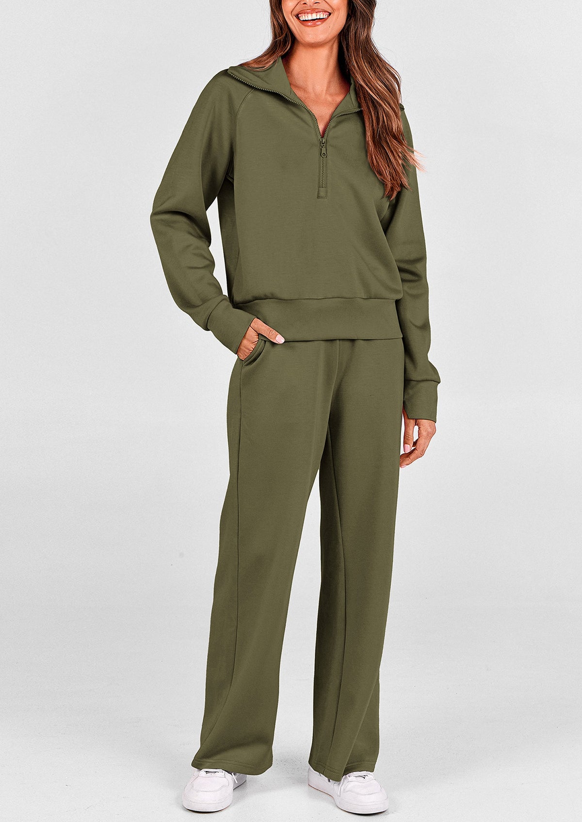 Pisania Women's 2 Piece Outfits Casual Lapel Half Zip Sweatshirts And Wide Leg Pants Tracksuit Sets