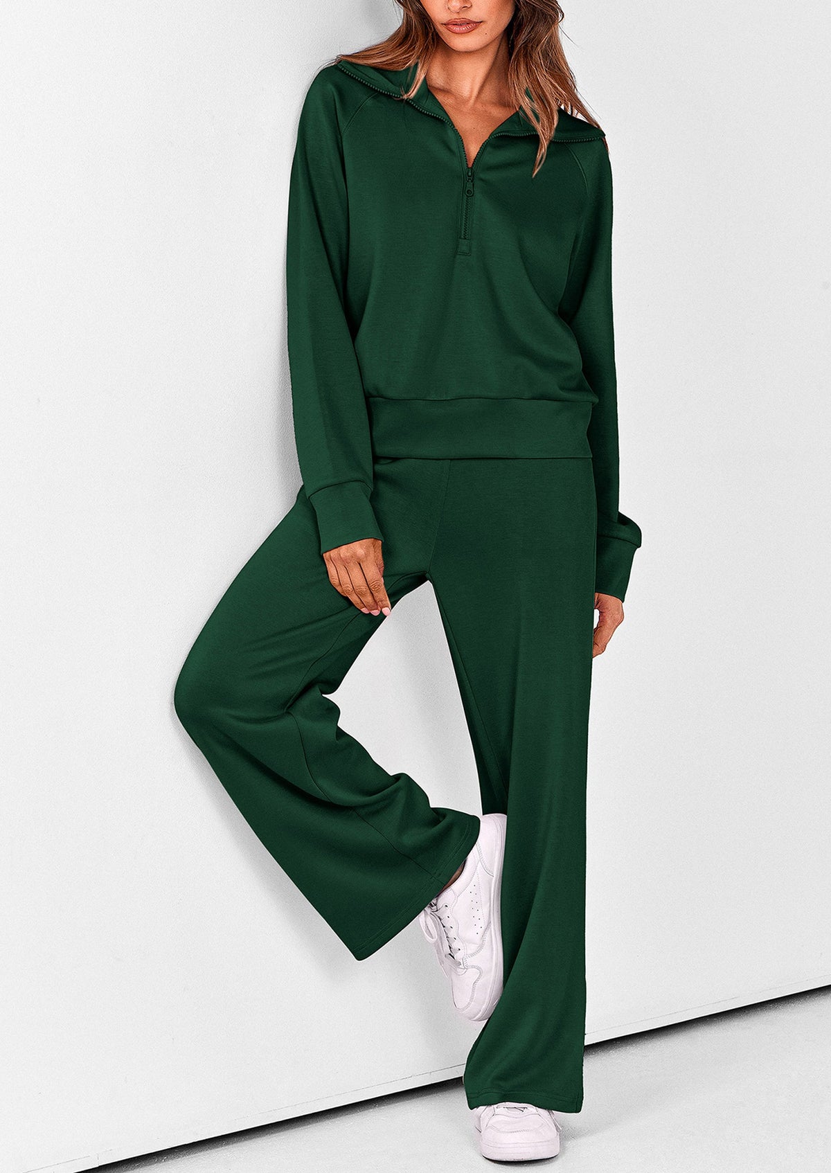 Pisania Women's 2 Piece Outfits Casual Lapel Half Zip Sweatshirts And Wide Leg Pants Tracksuit Sets
