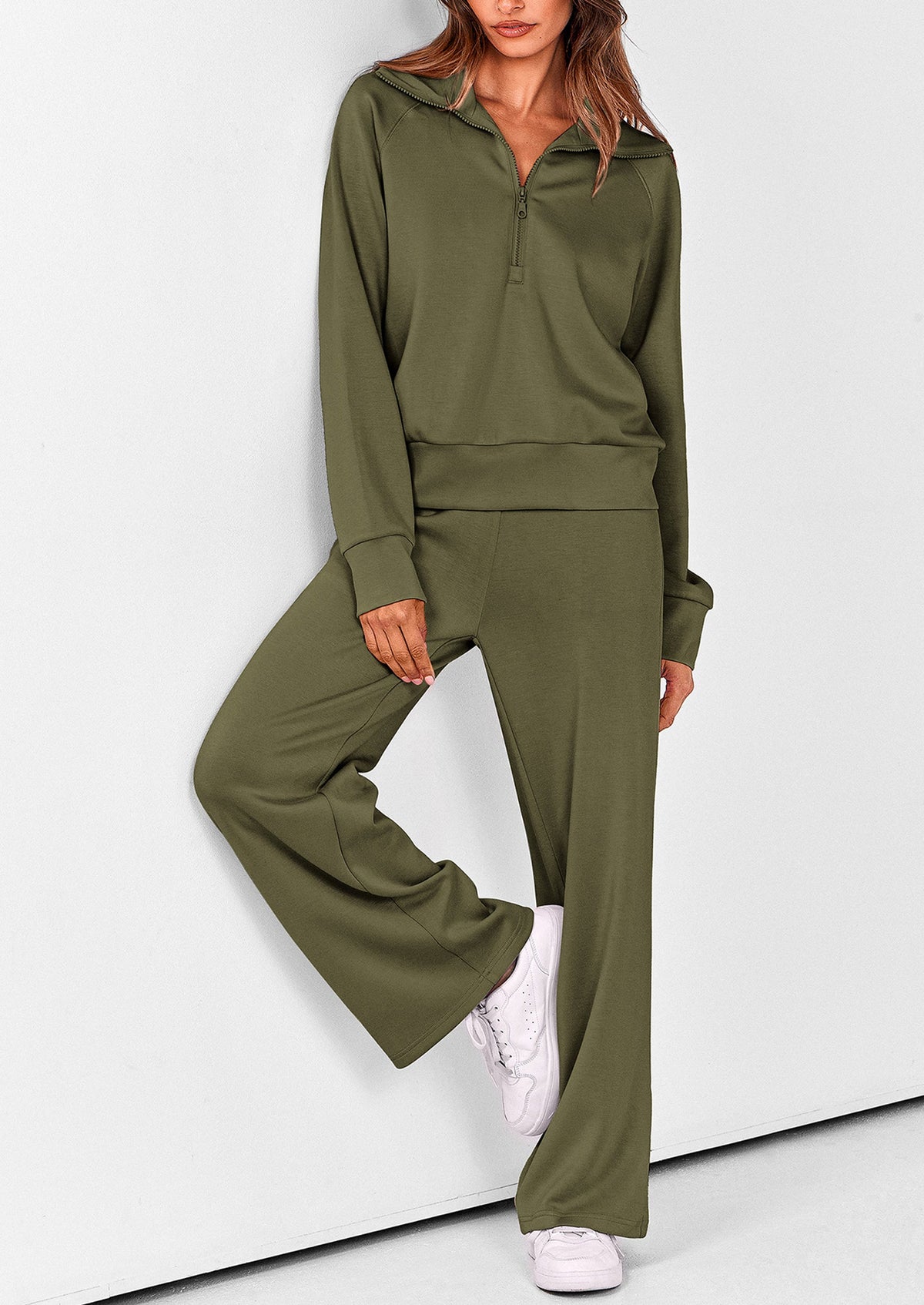 Pisania Women's 2 Piece Outfits Casual Lapel Half Zip Sweatshirts And Wide Leg Pants Tracksuit Sets