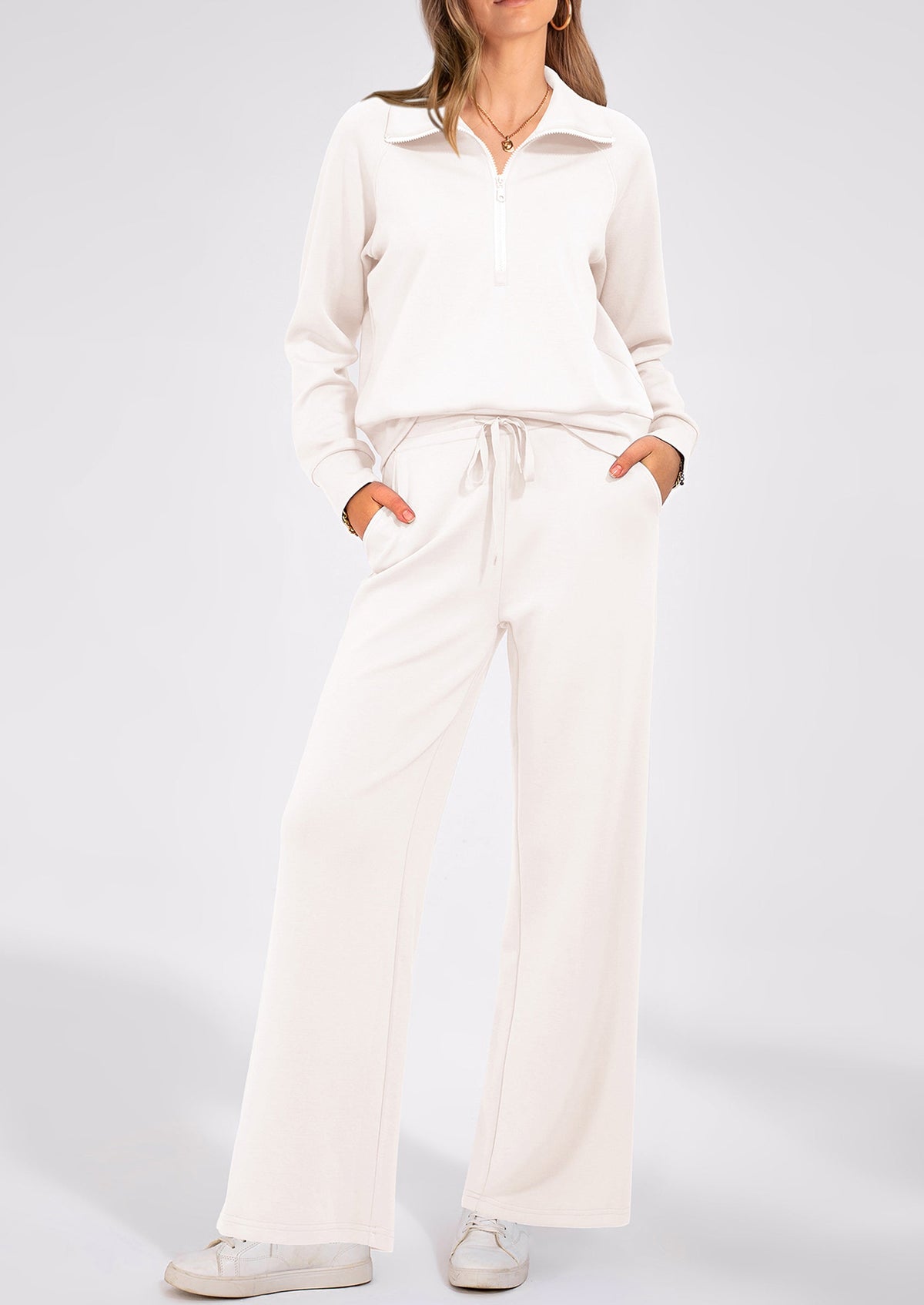 Pisania Women's 2 Piece Outfits Casual Lapel Half Zip Sweatshirts And Wide Leg Pants Tracksuit Sets