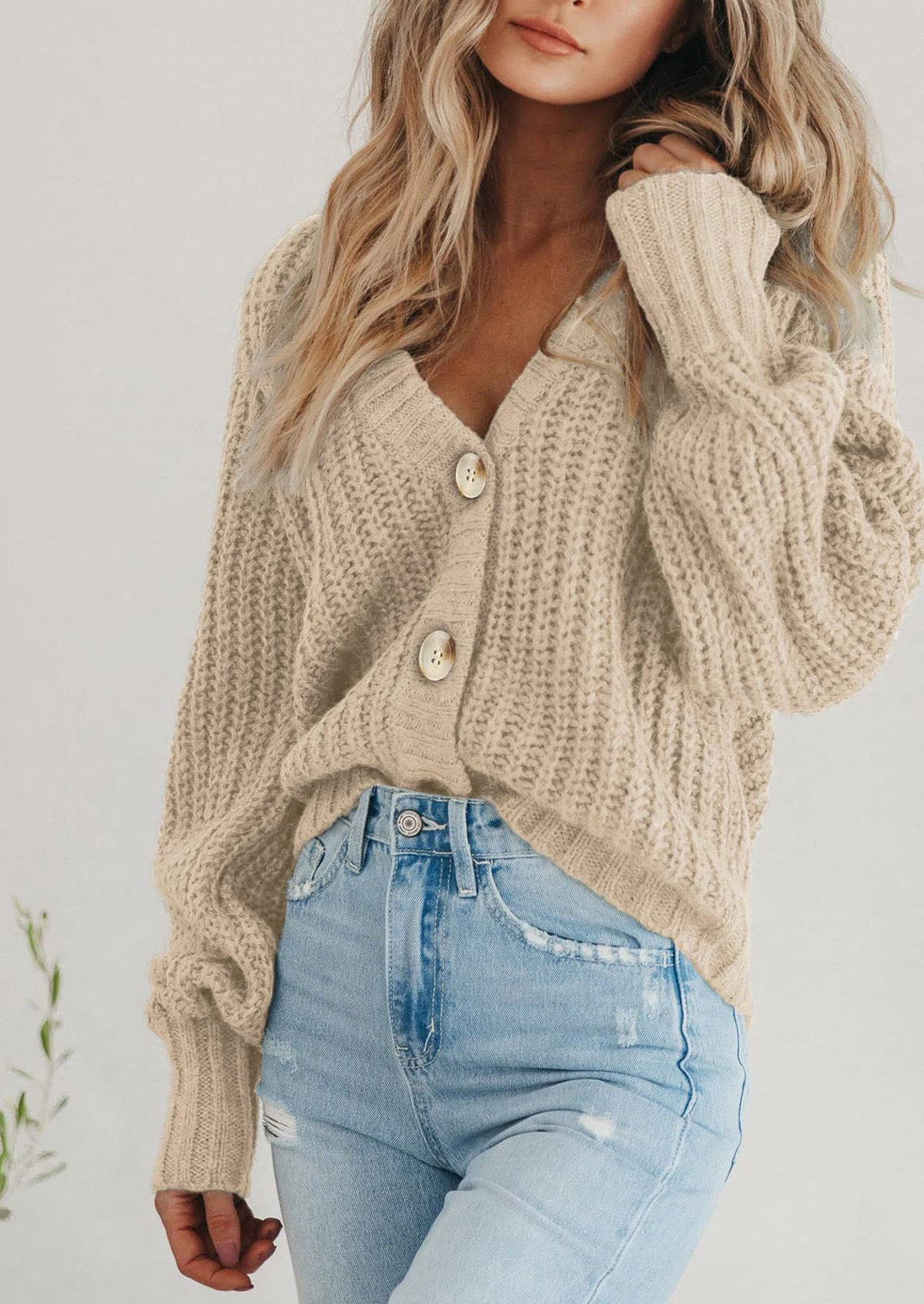 Pisania Women's Chunky Knit Open Front Sweater Long Sleeve Button Loose Short Cardigan Outerwear Coats