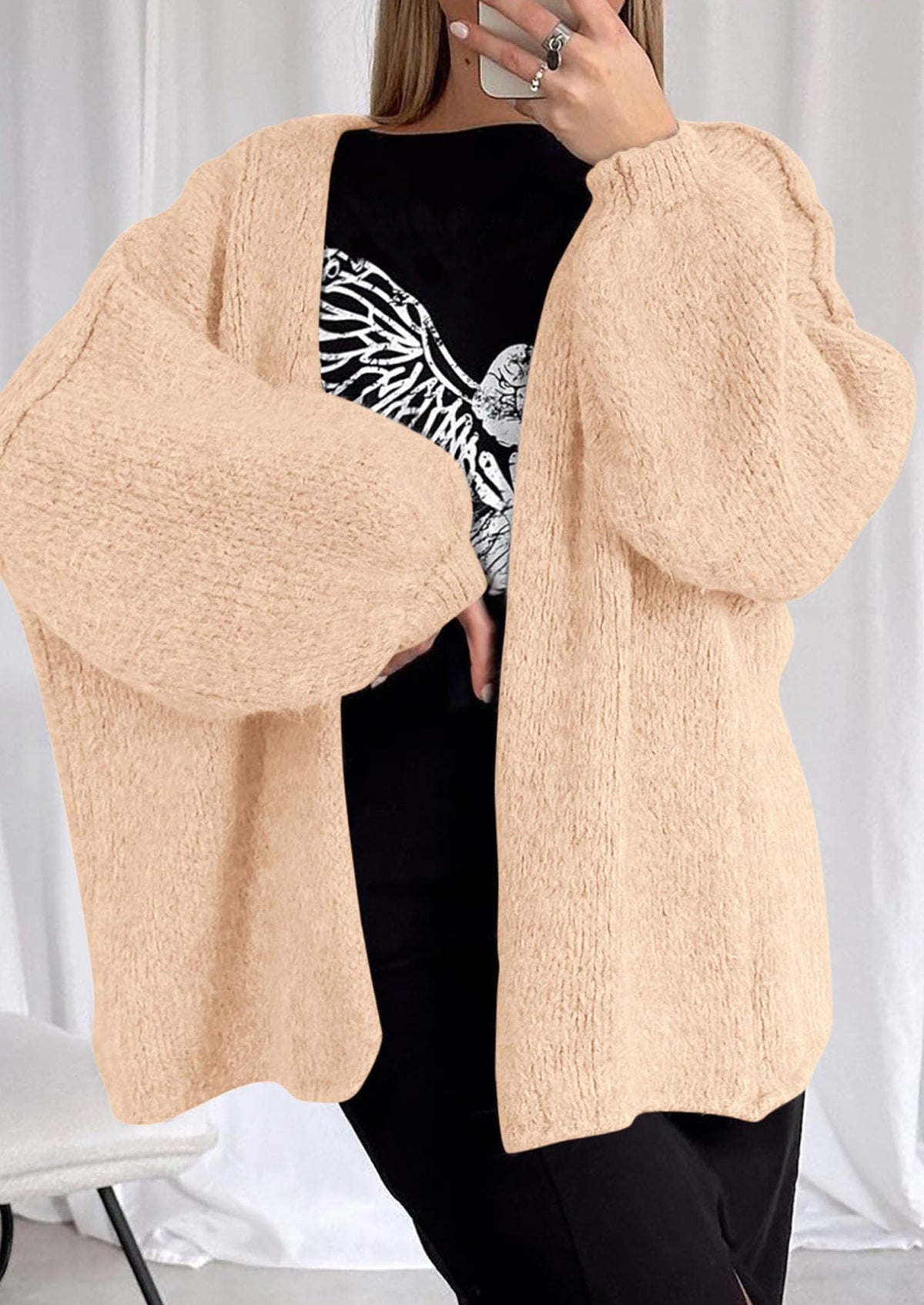 Pisania Womens Oversized Cardigan Sweaters Fall Long Lantern Sleeve Knit Open Front Lightweight Sweater