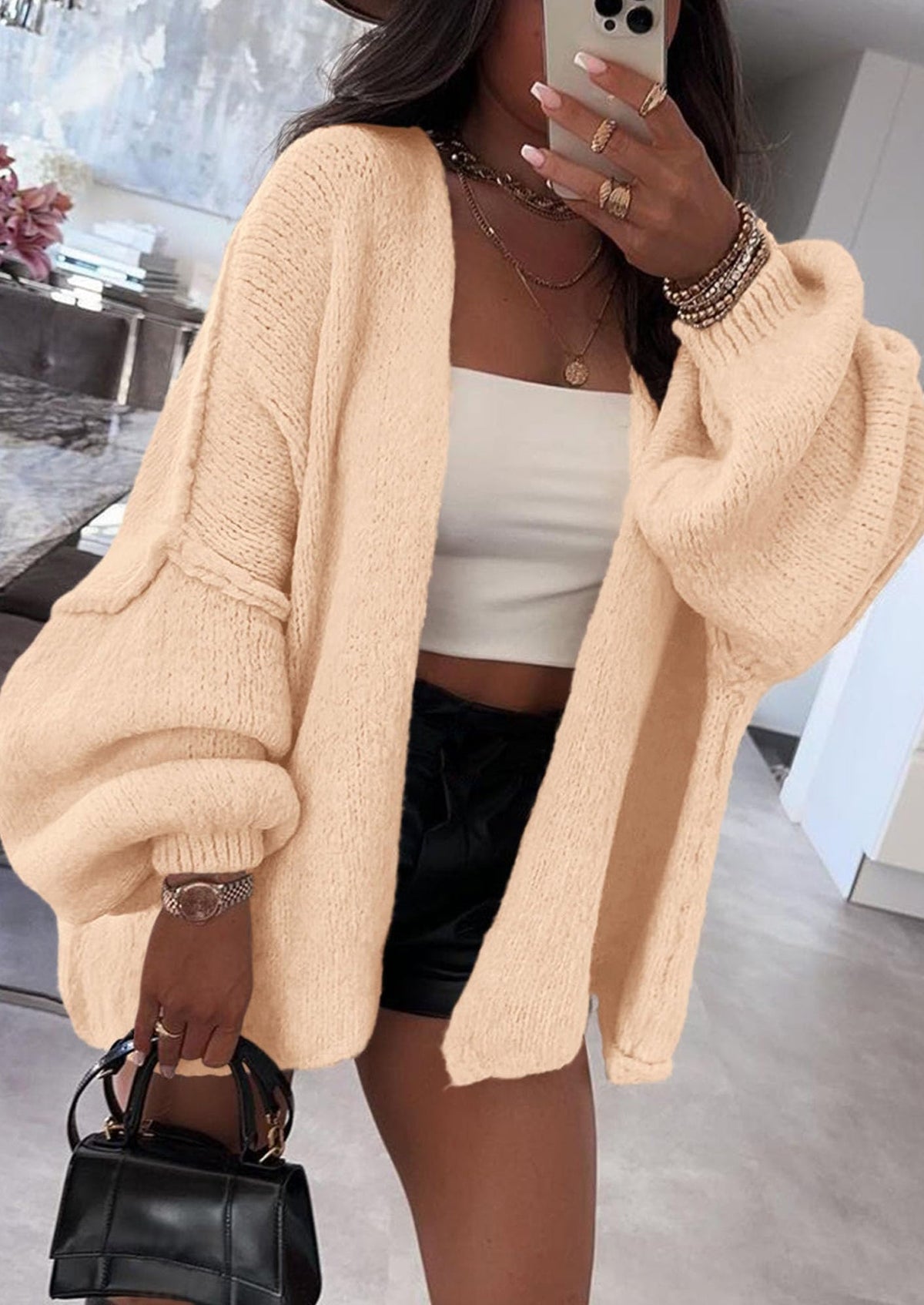 Pisania Womens Oversized Cardigan Sweaters Fall Long Lantern Sleeve Knit Open Front Lightweight Sweater
