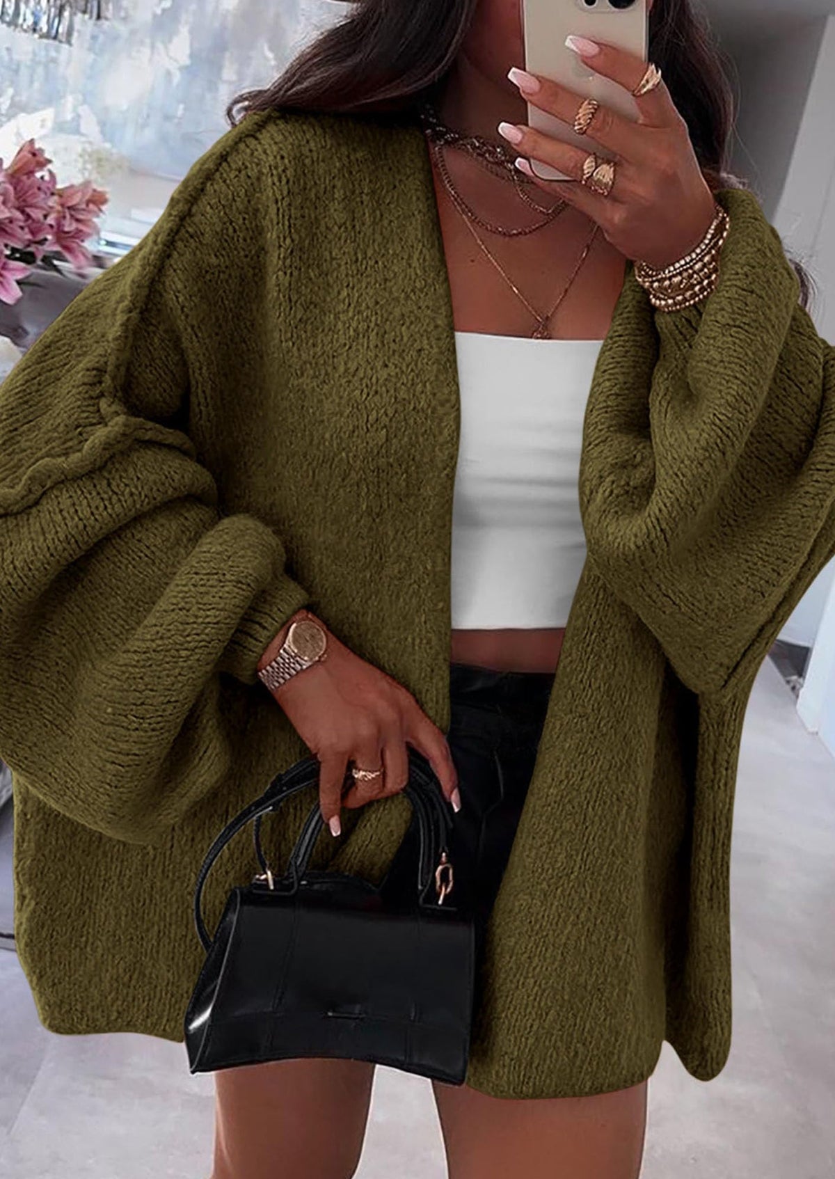 Pisania Womens Oversized Cardigan Sweaters Fall Long Lantern Sleeve Knit Open Front Lightweight Sweater