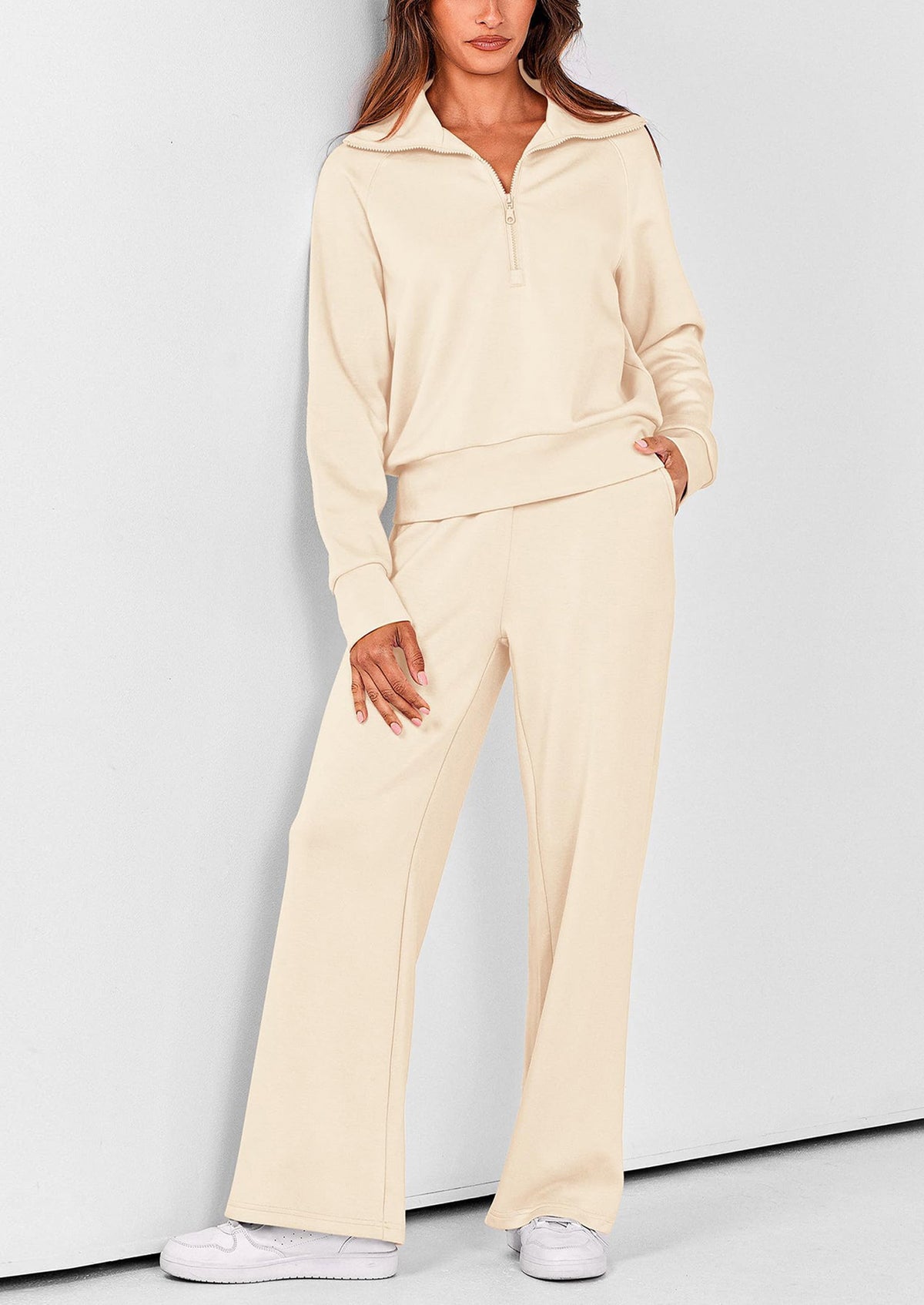 Pisania Women's 2 Piece Outfits Casual Lapel Half Zip Sweatshirts And Wide Leg Pants Tracksuit Sets