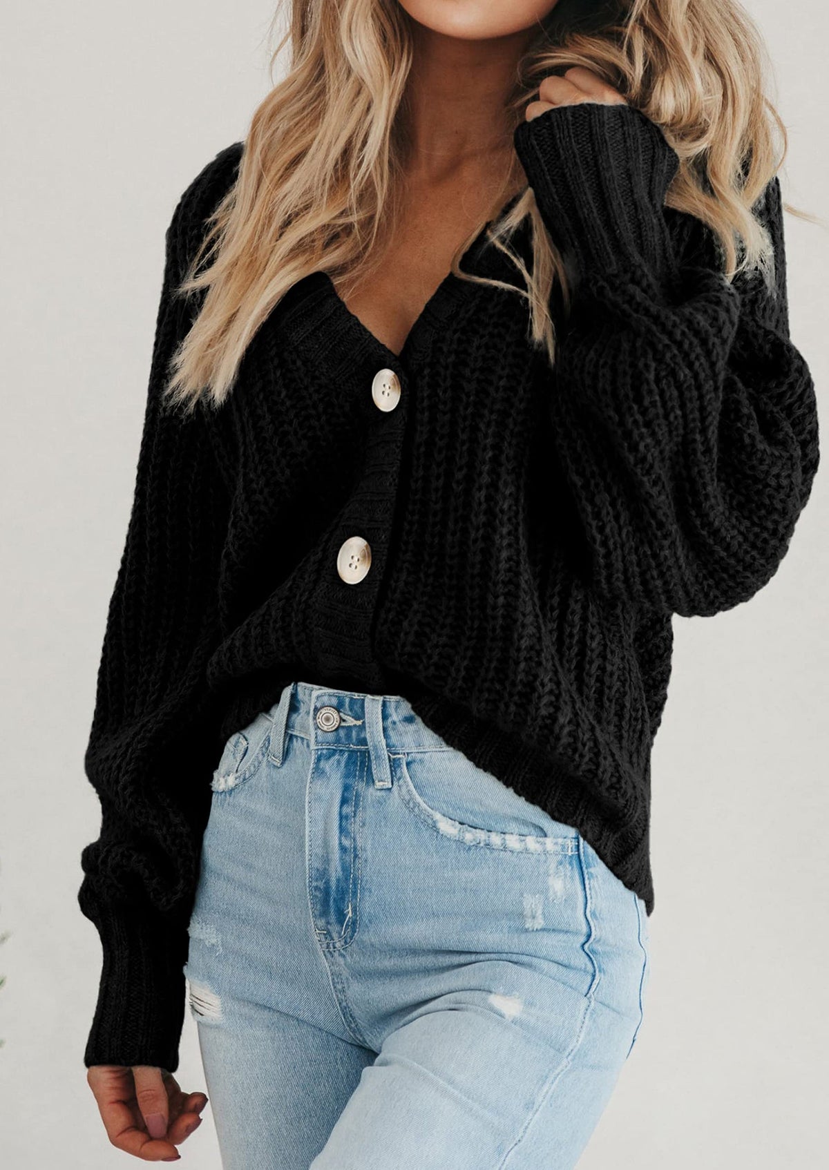 Pisania Women's Chunky Knit Open Front Sweater Long Sleeve Button Loose Short Cardigan Outerwear Coats