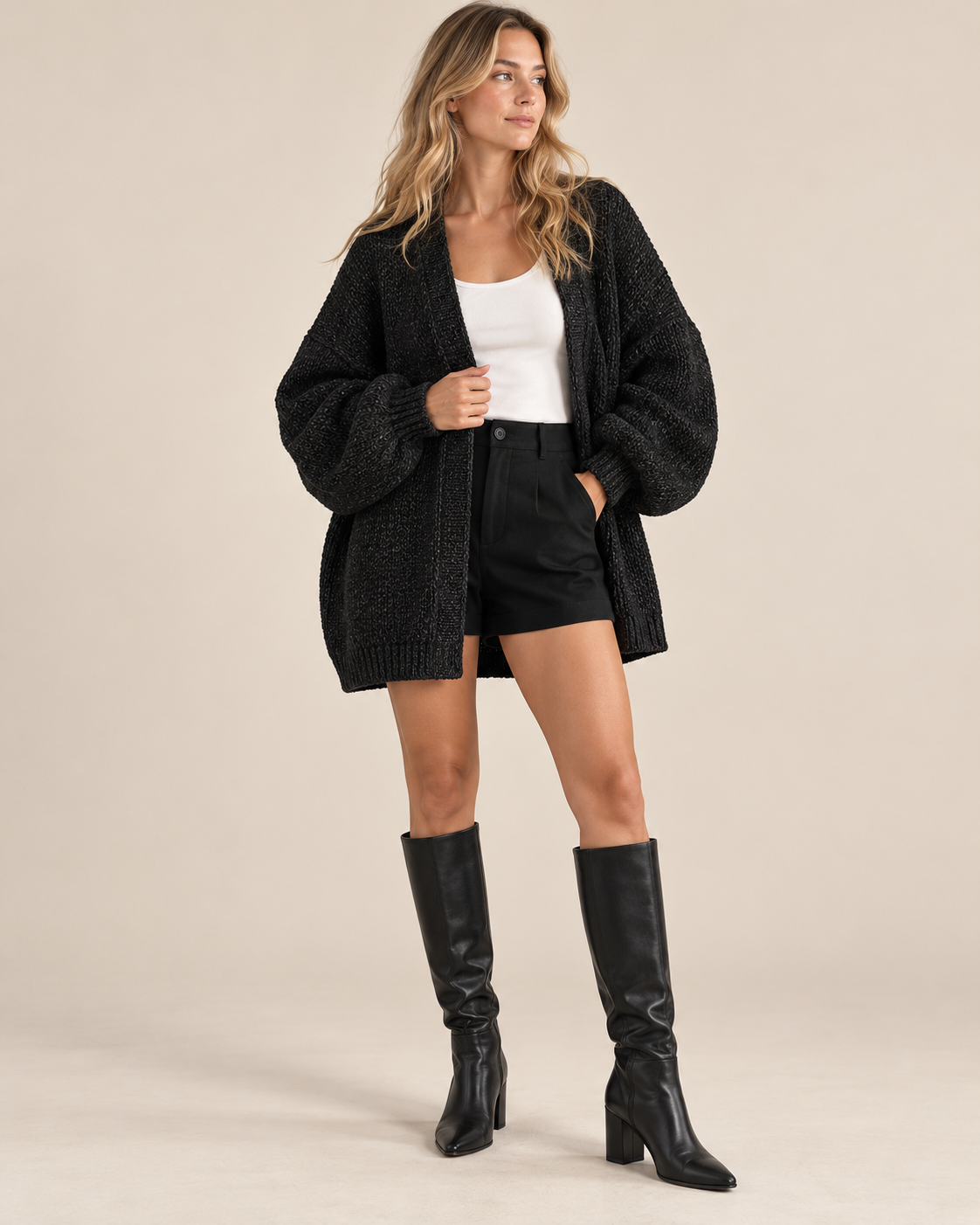 PISANIA The Willow Oversized Cardigan – Chunky Knit Balloon Sleeve Open Front Sweater