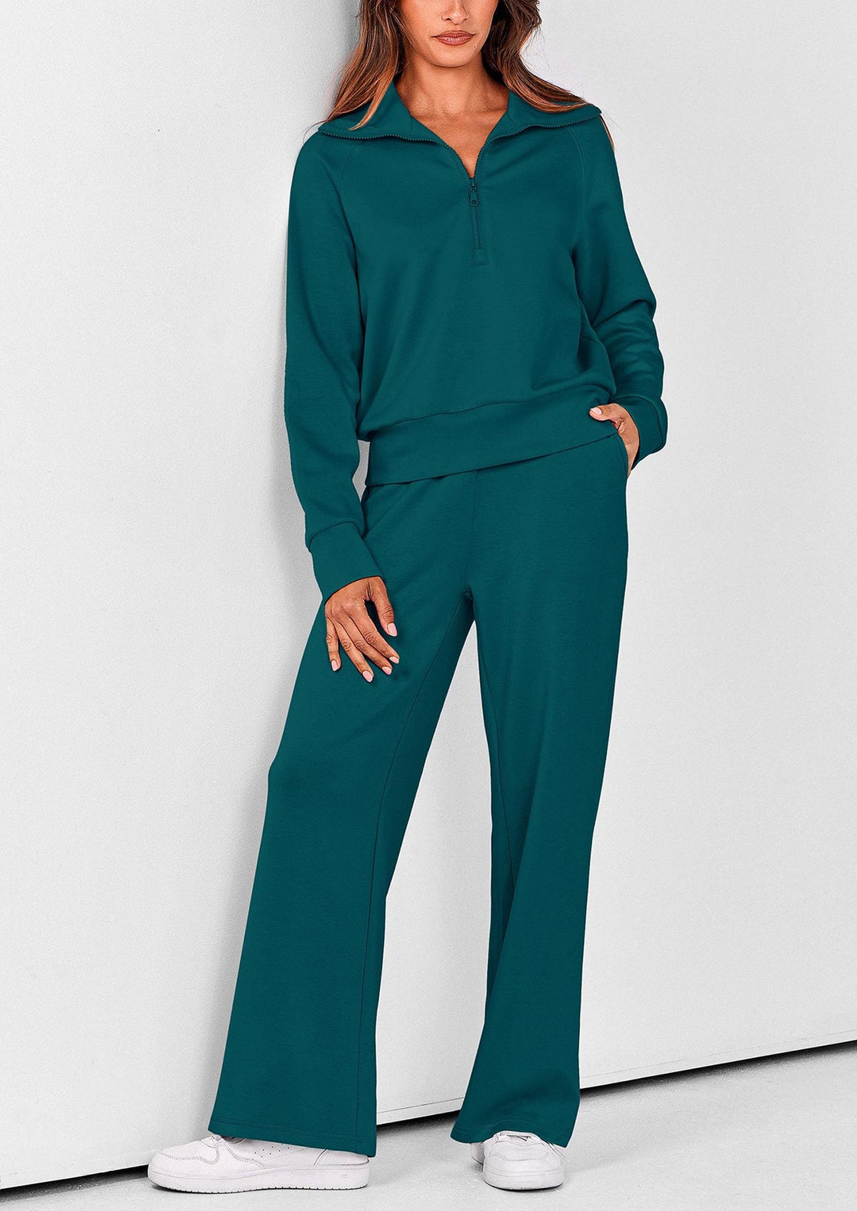 Pisania Women's 2 Piece Outfits Casual Lapel Half Zip Sweatshirts And Wide Leg Pants Tracksuit Sets