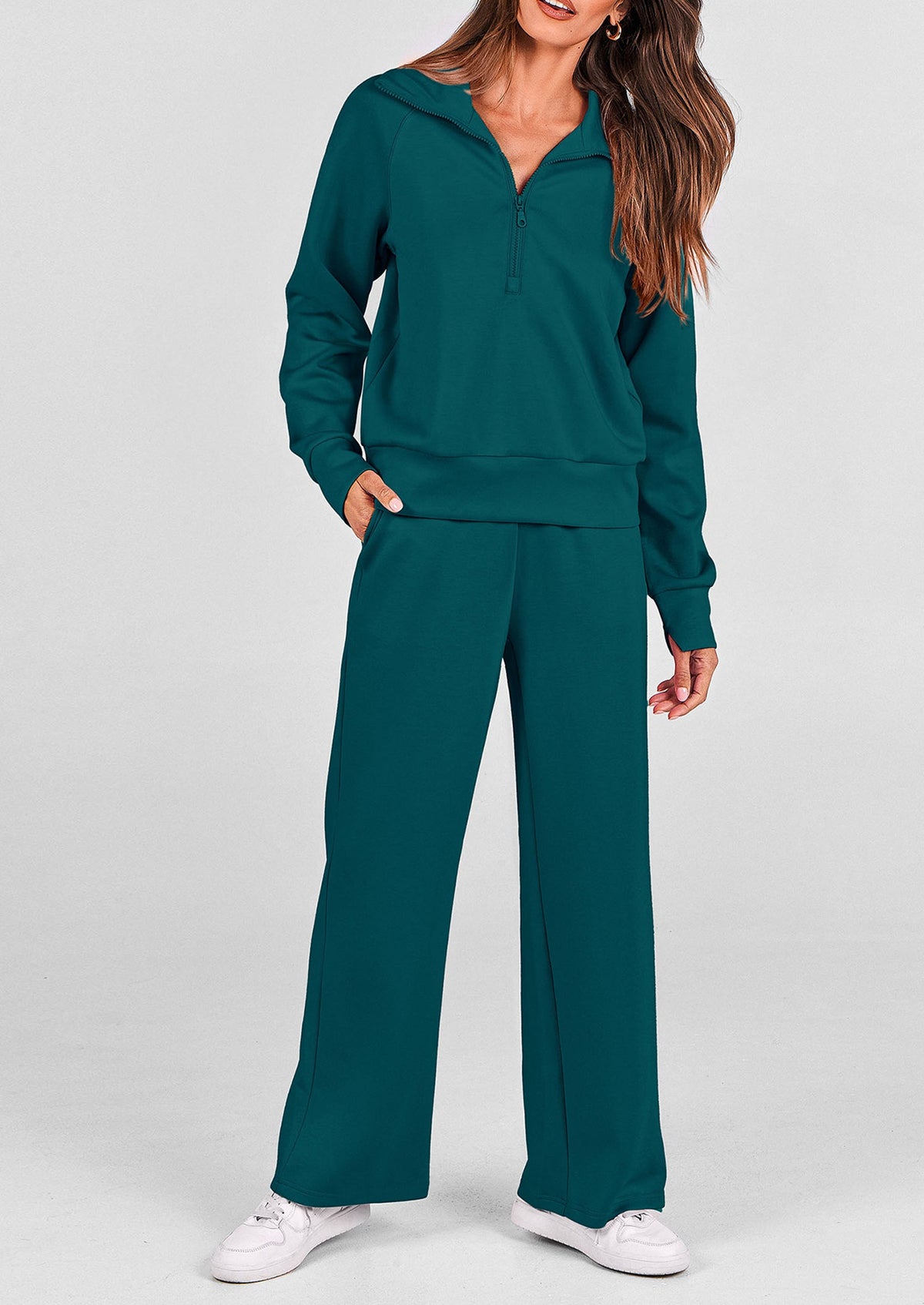 Pisania Women's 2 Piece Outfits Casual Lapel Half Zip Sweatshirts And Wide Leg Pants Tracksuit Sets