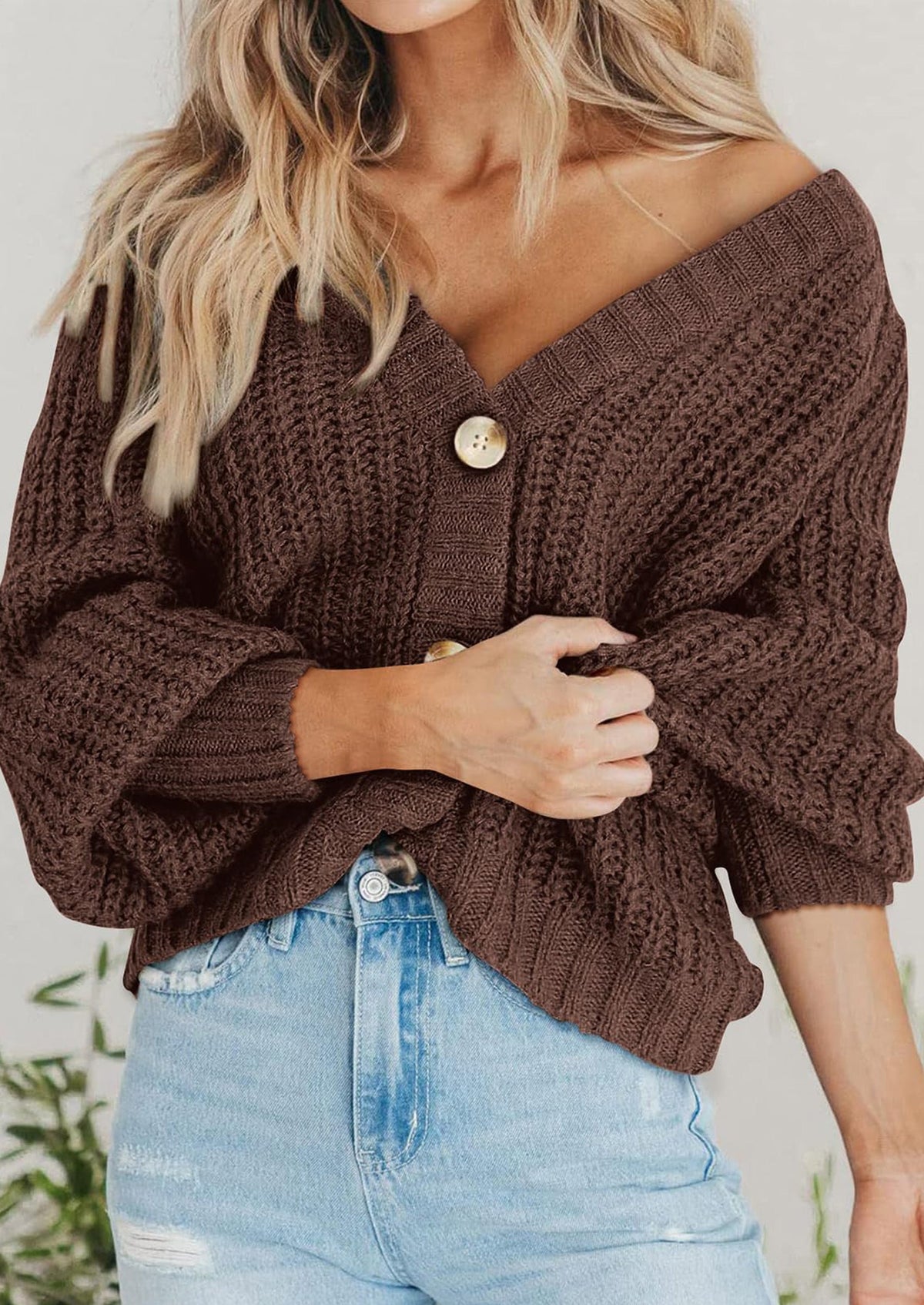 Pisania Women's Chunky Knit Open Front Sweater Long Sleeve Button Loose Short Cardigan Outerwear Coats