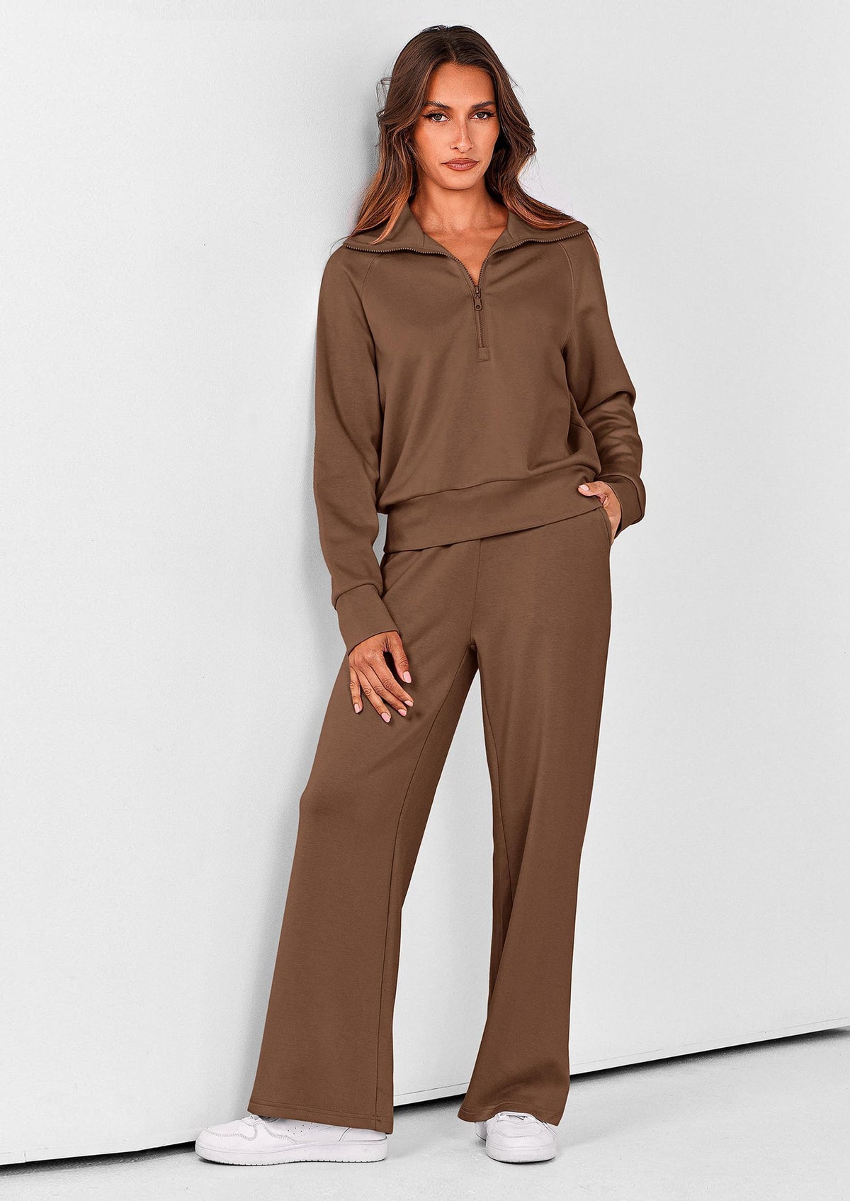 Pisania Women's 2 Piece Outfits Casual Lapel Half Zip Sweatshirts And Wide Leg Pants Tracksuit Sets