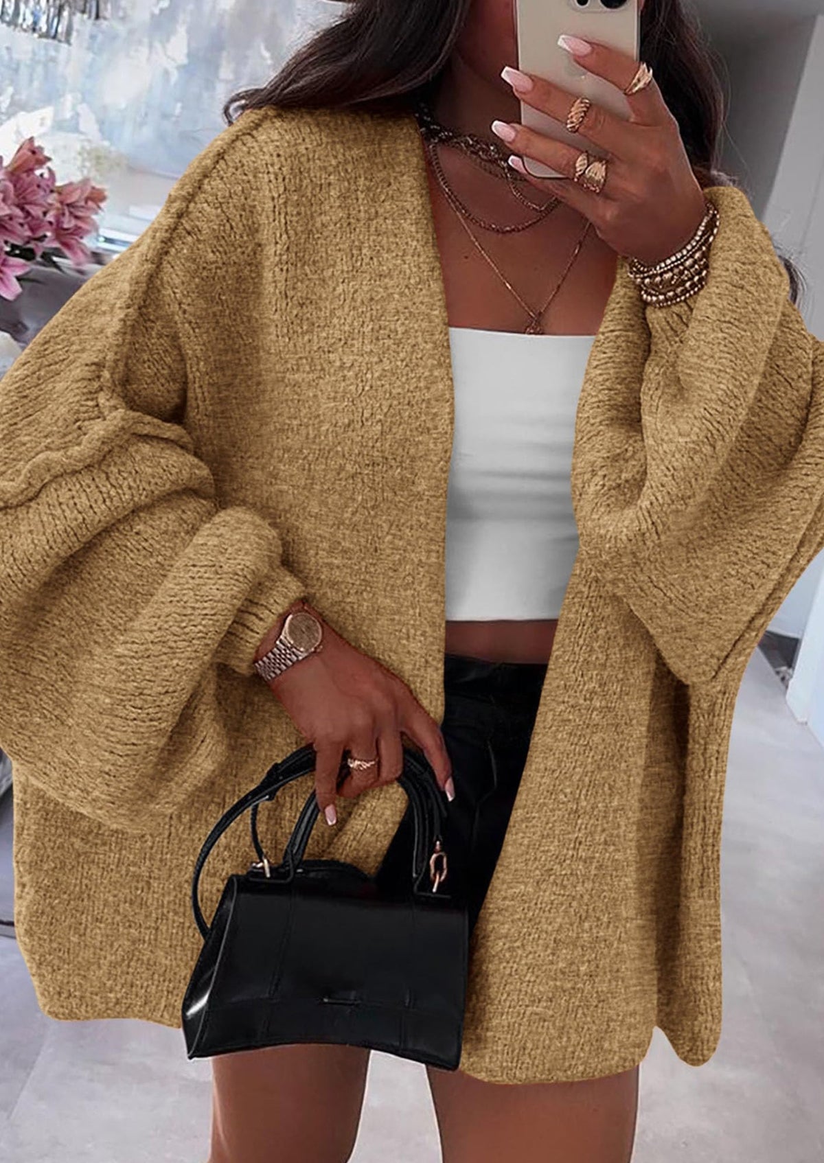 Pisania Womens Oversized Cardigan Sweaters Fall Long Lantern Sleeve Knit Open Front Lightweight Sweater
