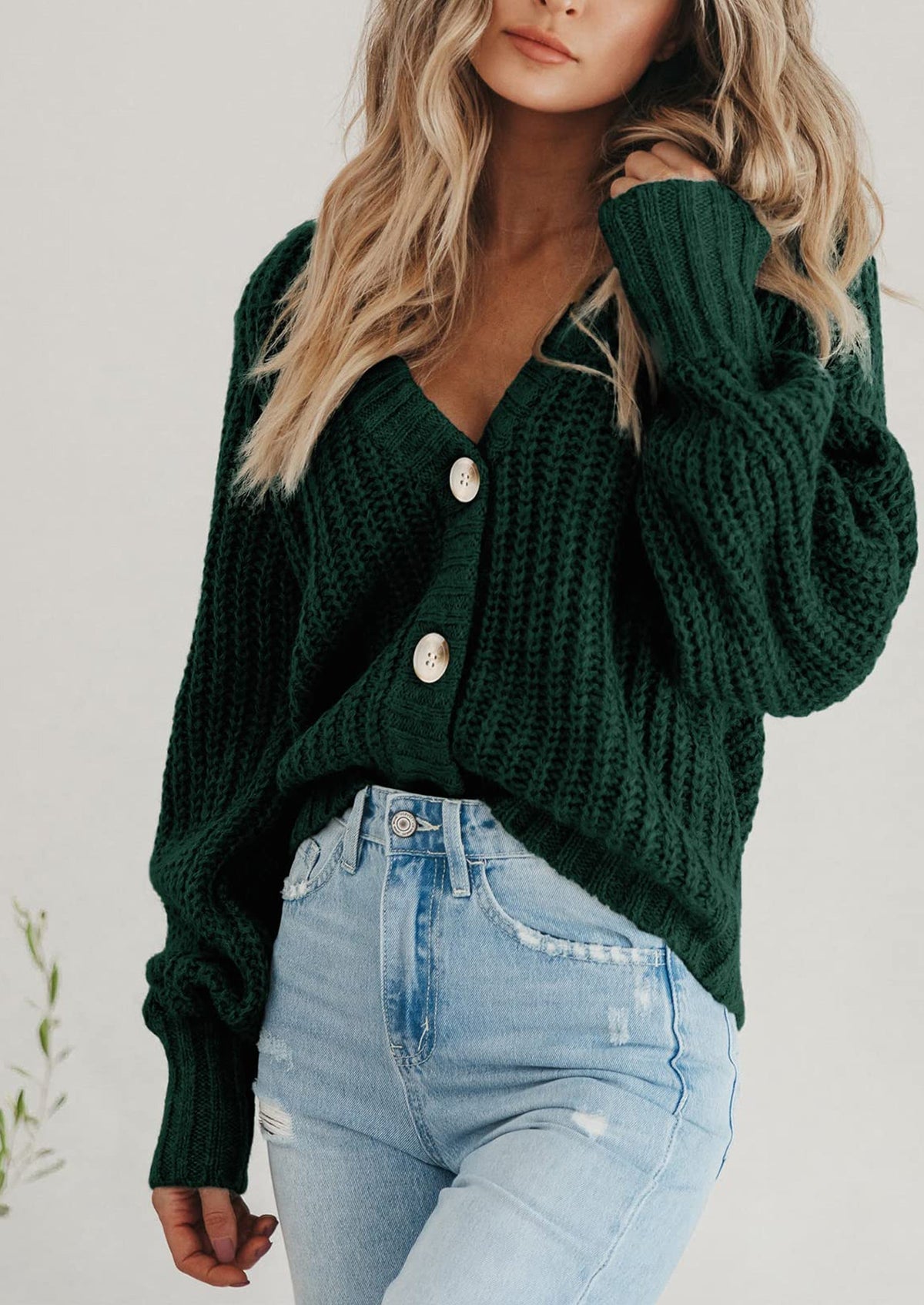 Pisania Women's Chunky Knit Open Front Sweater Long Sleeve Button Loose Short Cardigan Outerwear Coats