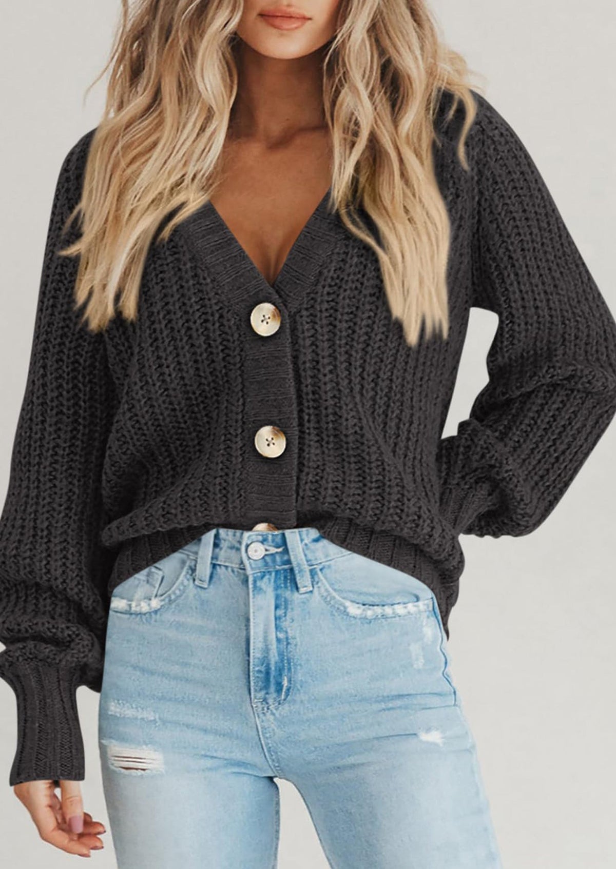 Pisania Women's Chunky Knit Open Front Sweater Long Sleeve Button Loose Short Cardigan Outerwear Coats