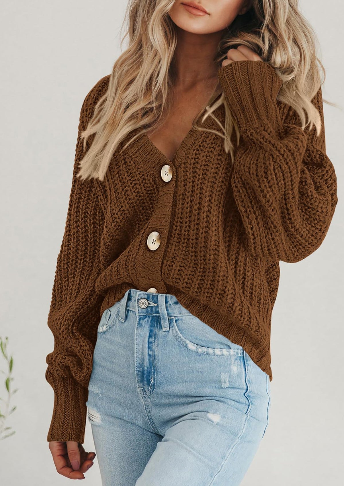 Pisania Women's Chunky Knit Open Front Sweater Long Sleeve Button Loose Short Cardigan Outerwear Coats