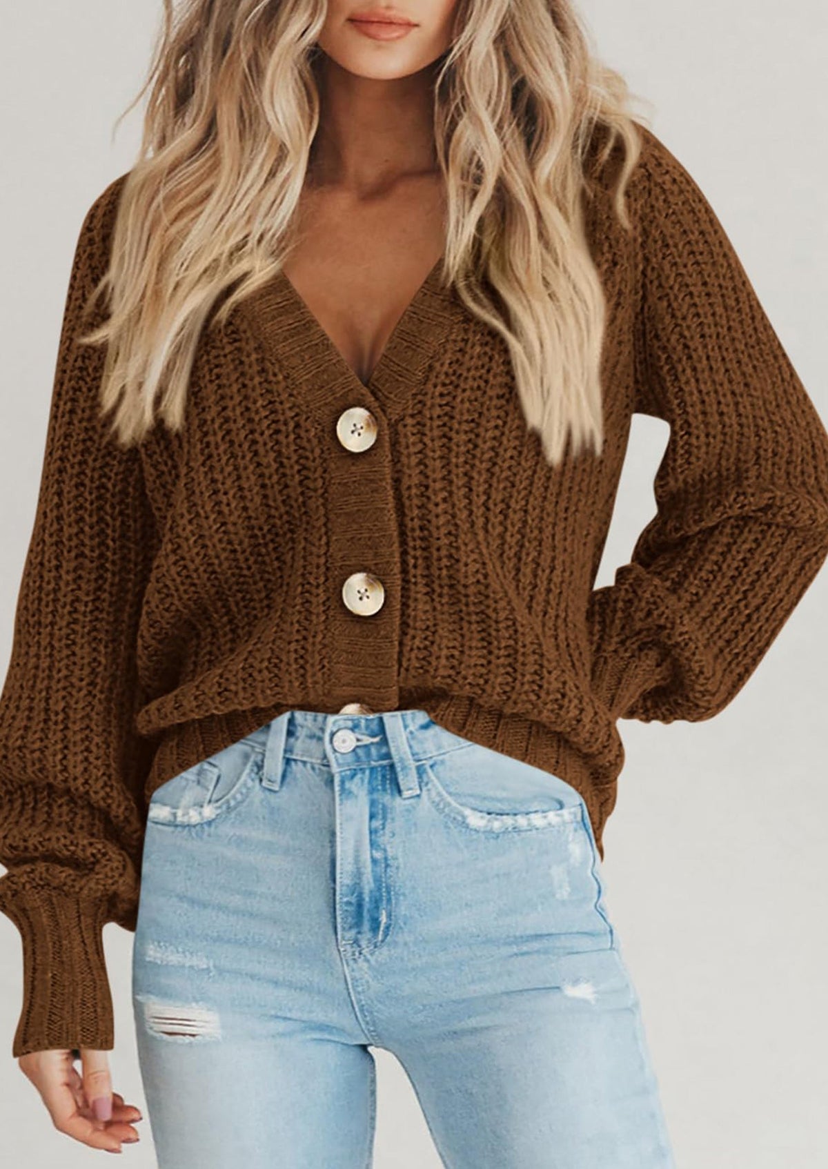 Pisania Women's Chunky Knit Open Front Sweater Long Sleeve Button Loose Short Cardigan Outerwear Coats