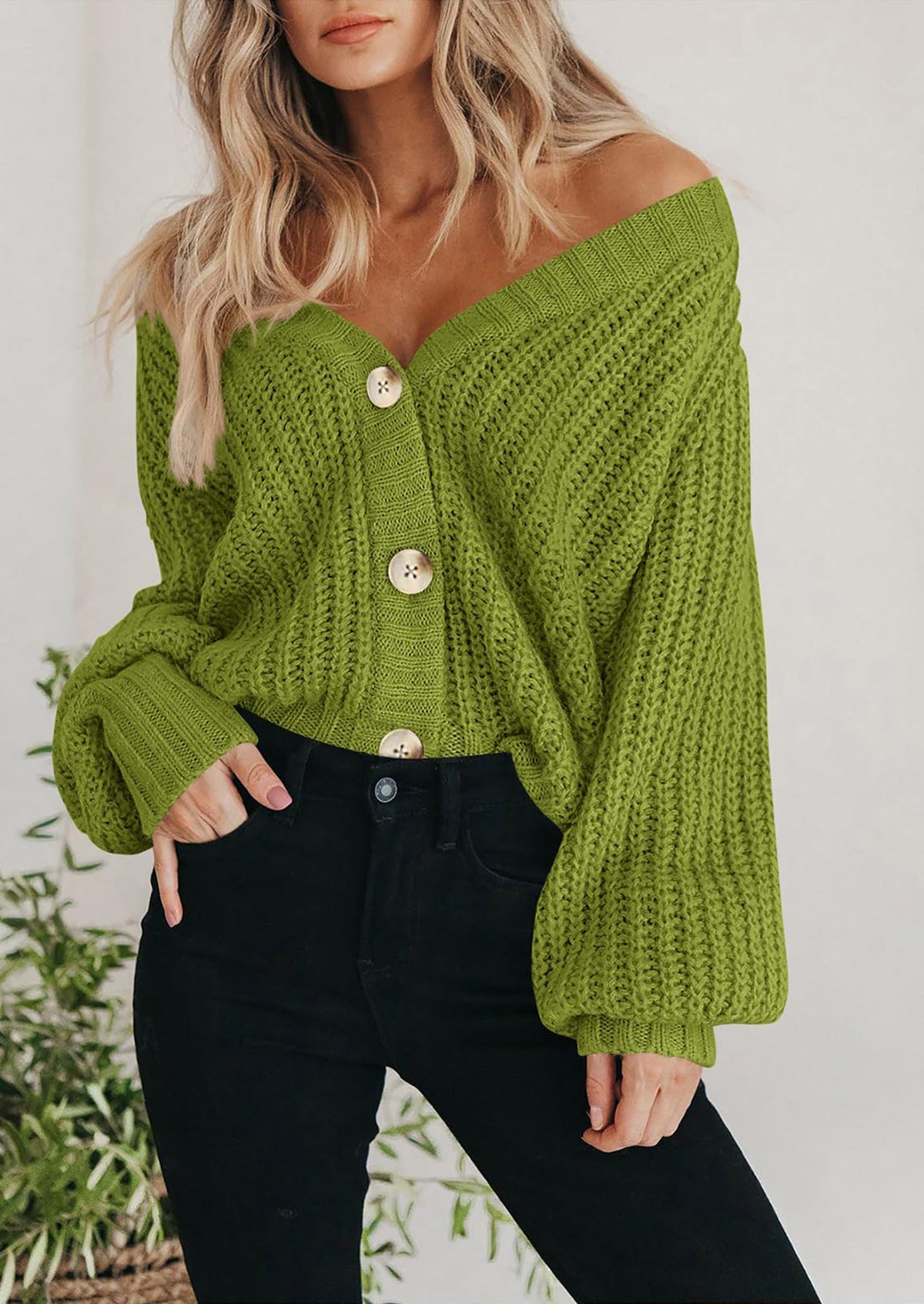 Pisania Women's Chunky Knit Open Front Sweater Long Sleeve Button Loose Short Cardigan Outerwear Coats