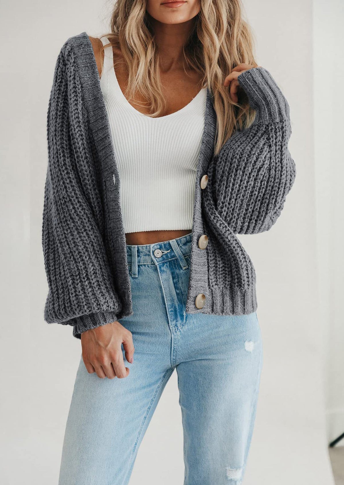 Pisania Women's Chunky Knit Open Front Sweater Long Sleeve Button Loose Short Cardigan Outerwear Coats