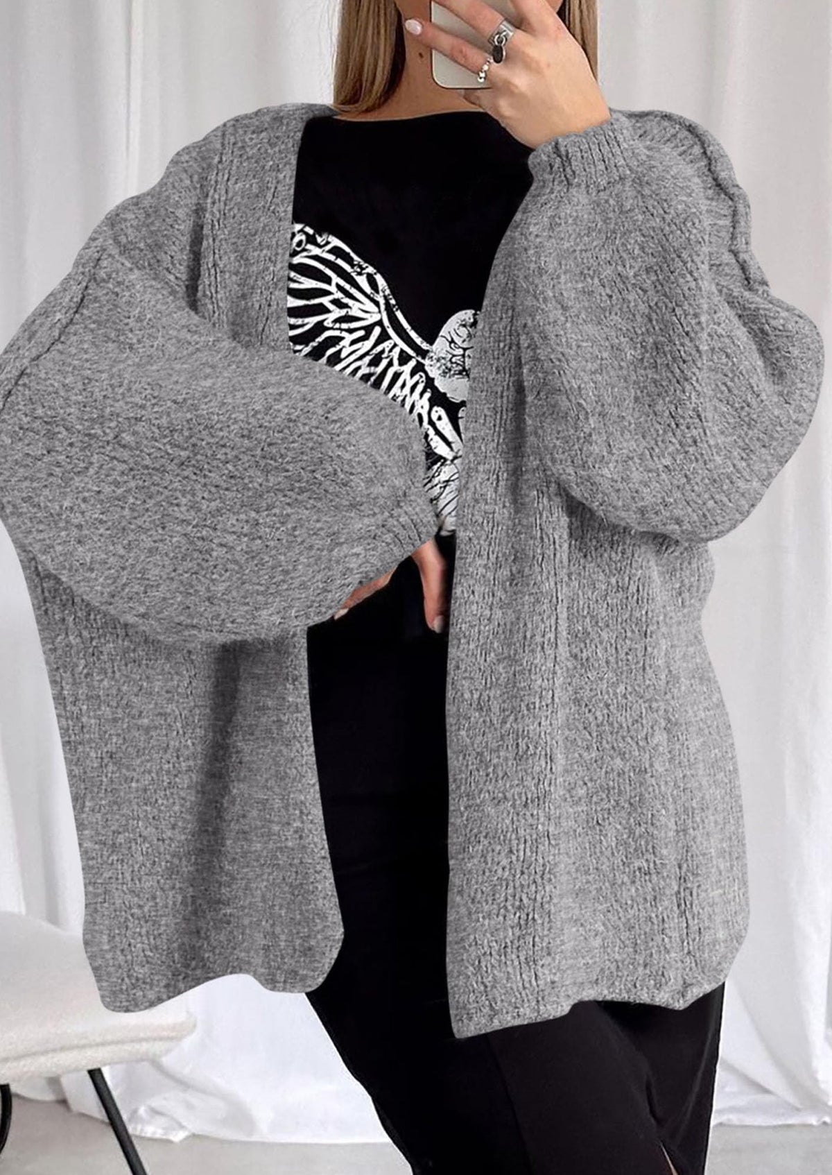 Pisania Womens Oversized Cardigan Sweaters Fall Long Lantern Sleeve Knit Open Front Lightweight Sweater