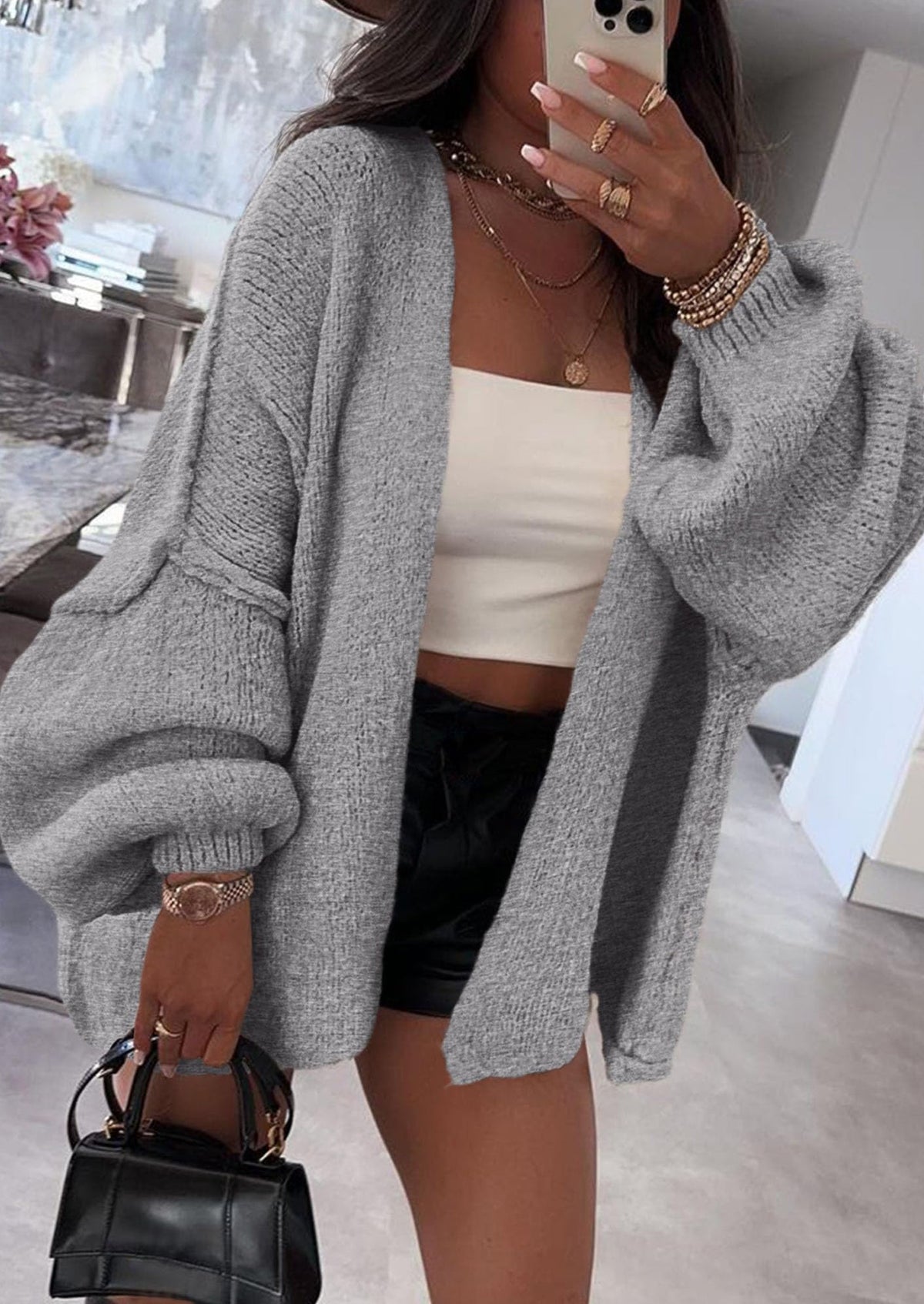 Pisania Womens Oversized Cardigan Sweaters Fall Long Lantern Sleeve Knit Open Front Lightweight Sweater
