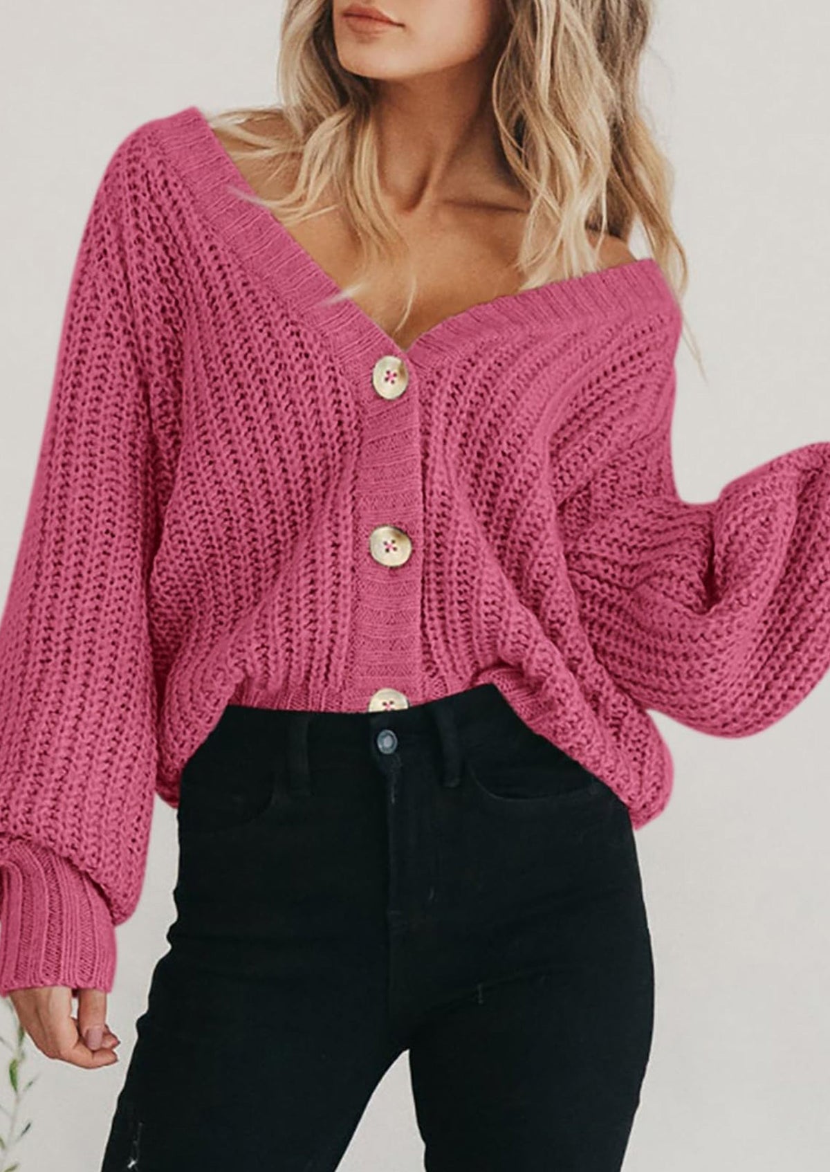 Pisania Women's Chunky Knit Open Front Sweater Long Sleeve Button Loose Short Cardigan Outerwear Coats