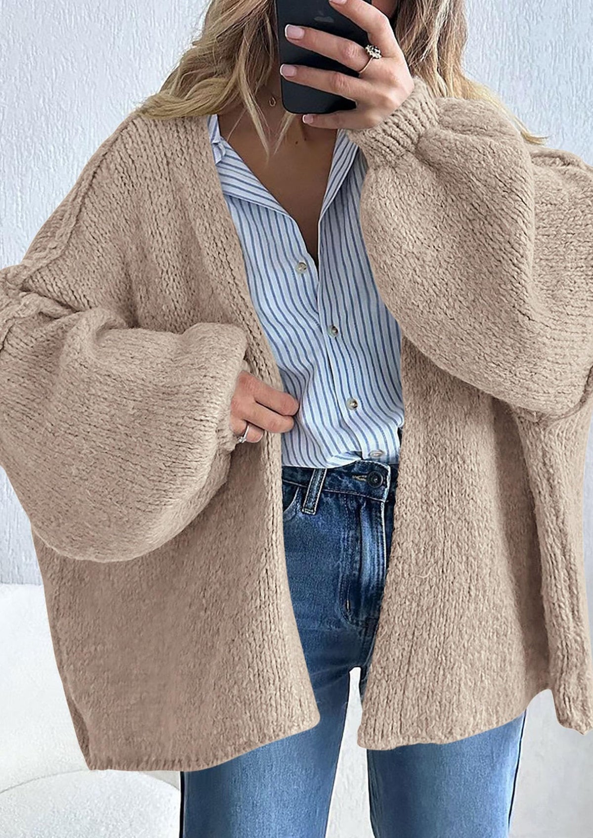 Pisania Womens Oversized Cardigan Sweaters Fall Long Lantern Sleeve Knit Open Front Lightweight Sweater