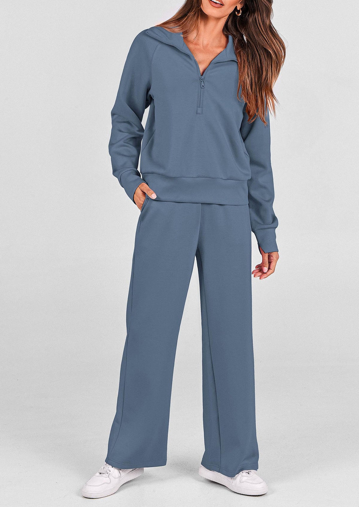Pisania Women's 2 Piece Outfits Casual Lapel Half Zip Sweatshirts And Wide Leg Pants Tracksuit Sets
