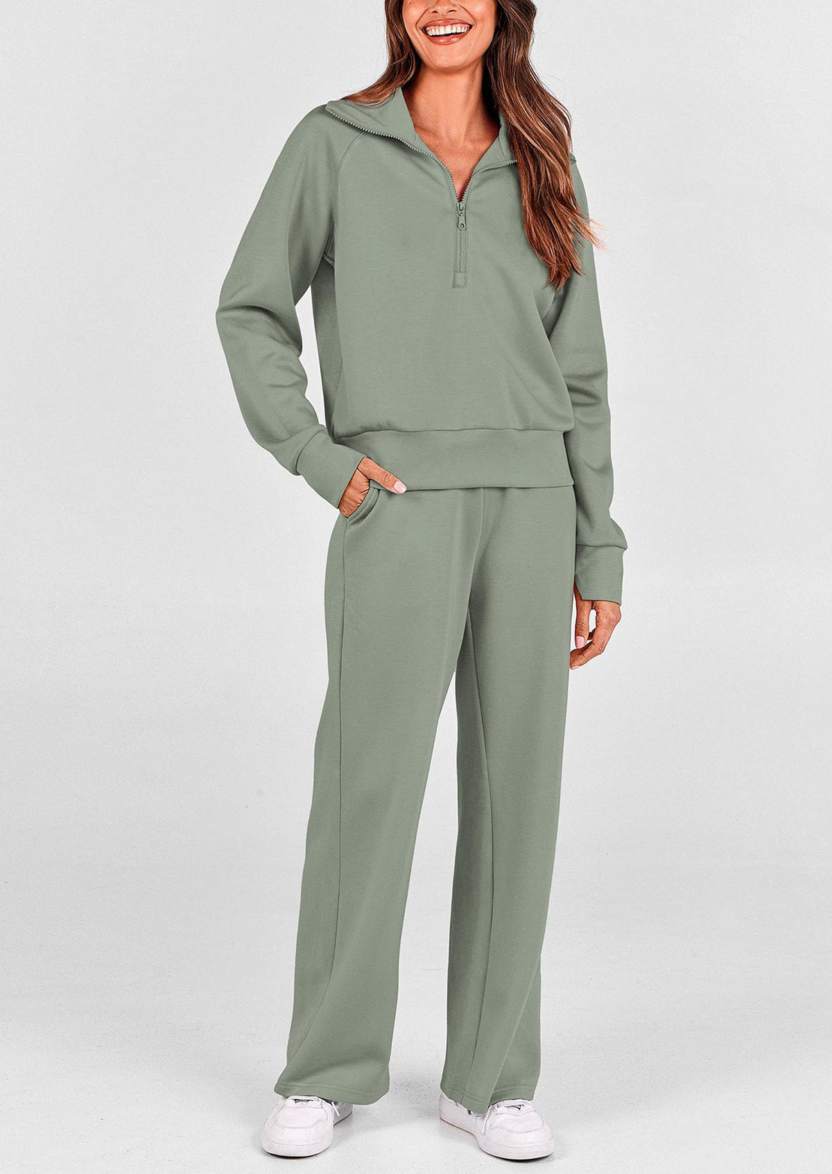 Pisania Women's 2 Piece Outfits Casual Lapel Half Zip Sweatshirts And Wide Leg Pants Tracksuit Sets
