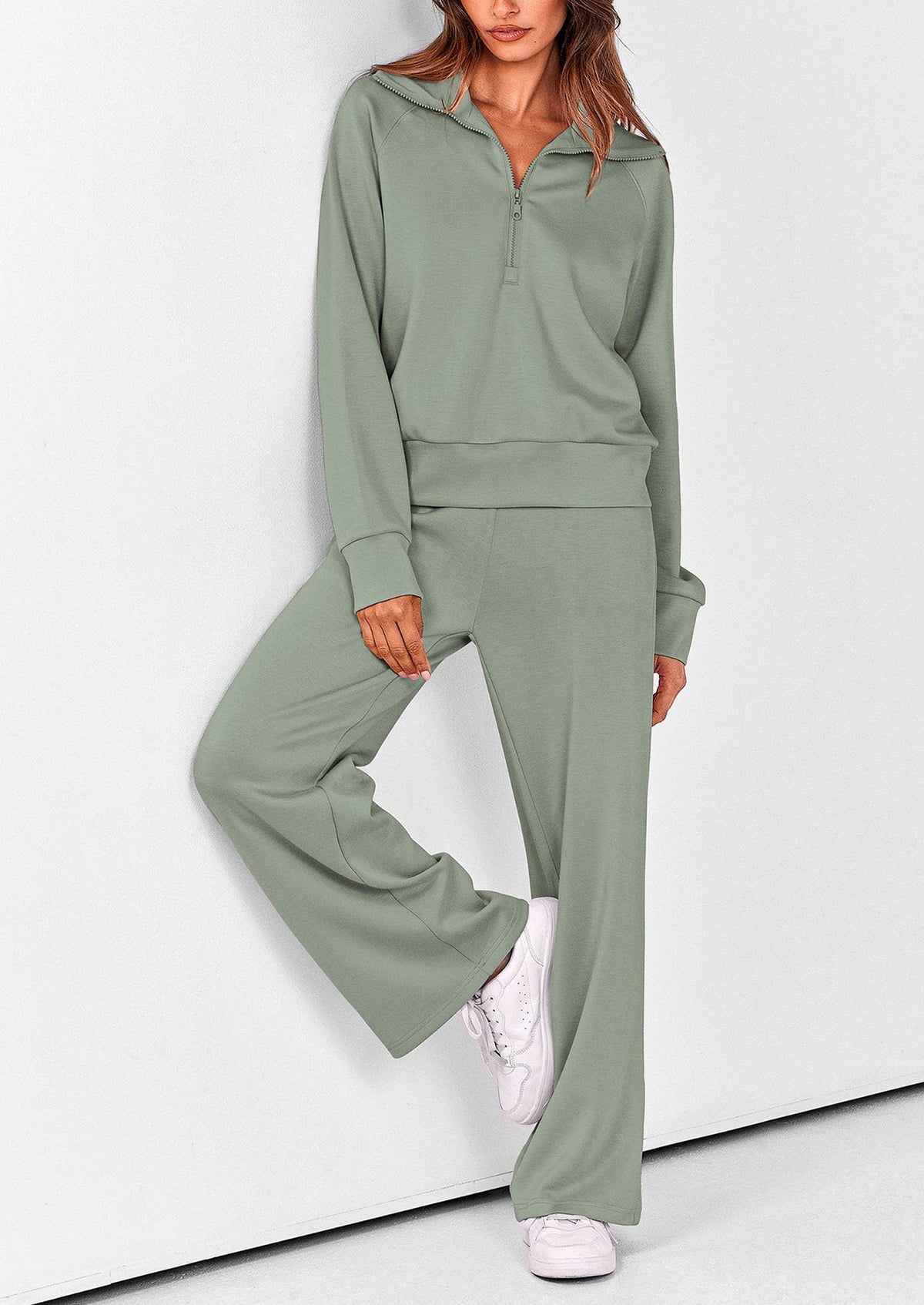 Pisania Women's 2 Piece Outfits Casual Lapel Half Zip Sweatshirts And Wide Leg Pants Tracksuit Sets