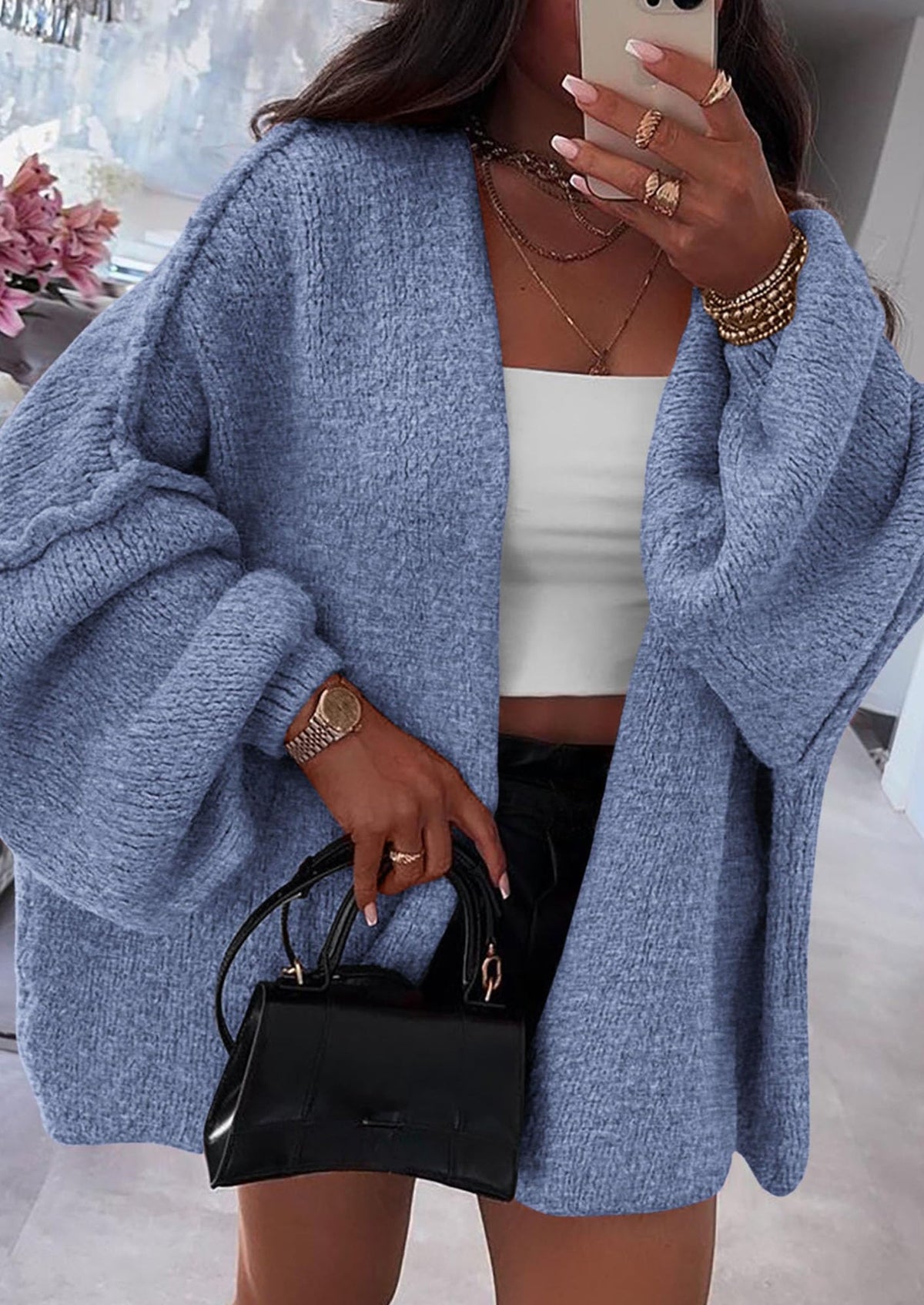 Pisania Womens Oversized Cardigan Sweaters Fall Long Lantern Sleeve Knit Open Front Lightweight Sweater