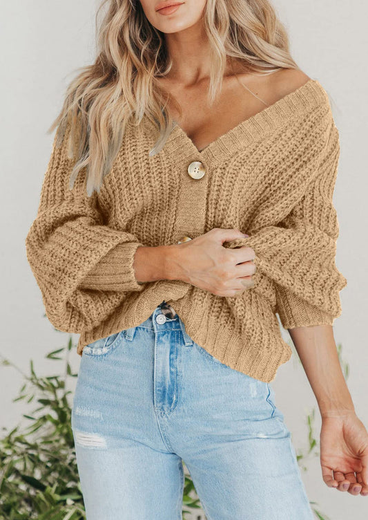 Pisania Women's Chunky Knit Open Front Sweater Long Sleeve Button Loose Short Cardigan Outerwear Coats