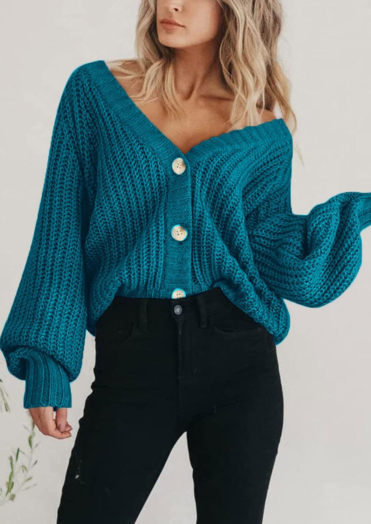 Pisania Women's Chunky Knit Open Front Sweater Long Sleeve Button Loose Short Cardigan Outerwear Coats