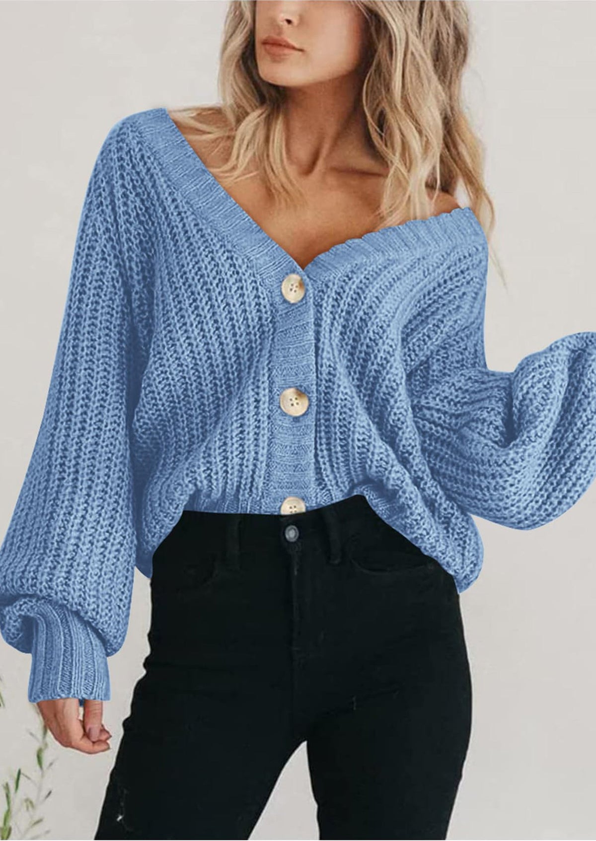 Pisania Women's Chunky Knit Open Front Sweater Long Sleeve Button Loose Short Cardigan Outerwear Coats