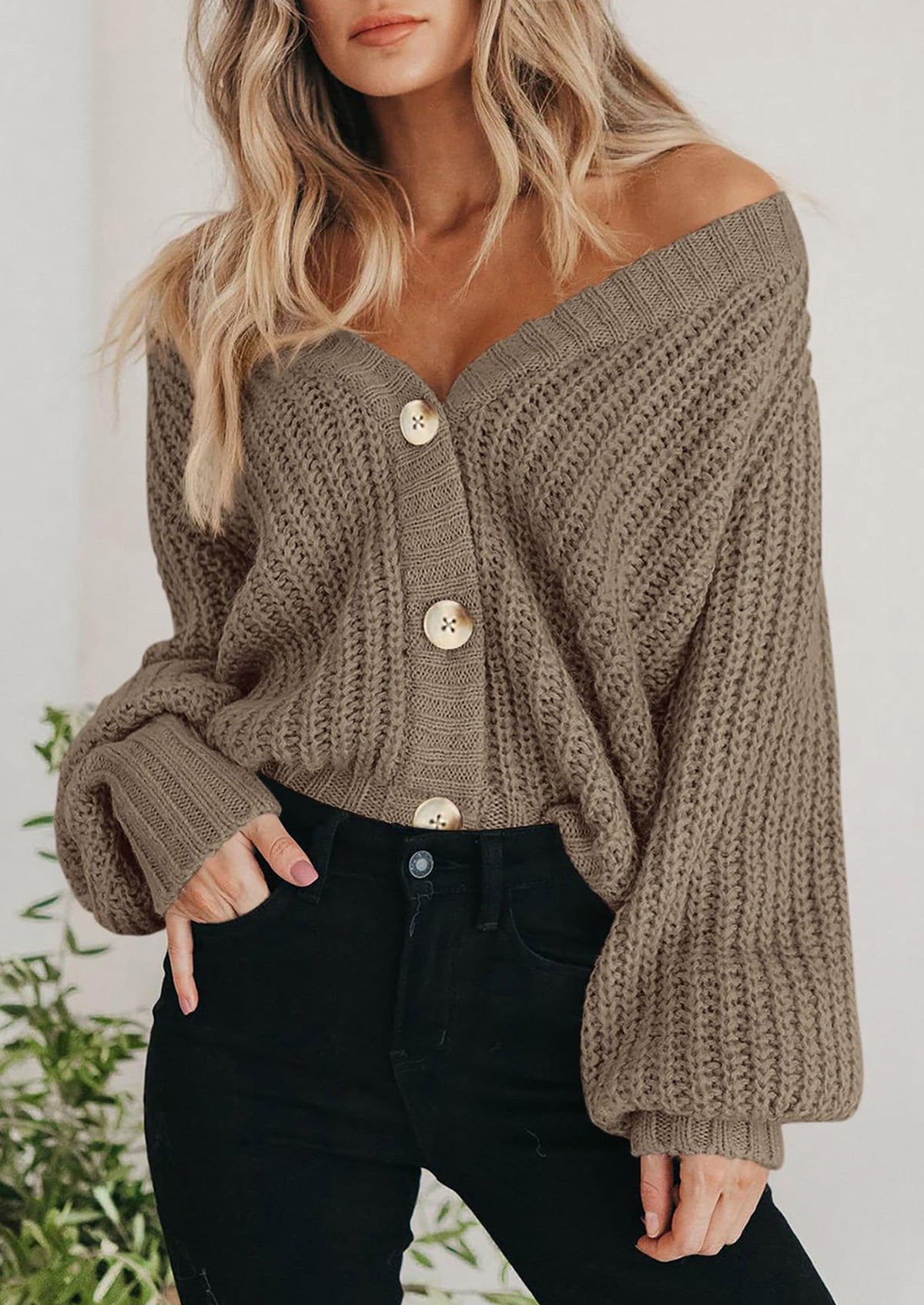 Pisania Women's Chunky Knit Open Front Sweater Long Sleeve Button Loose Short Cardigan Outerwear Coats
