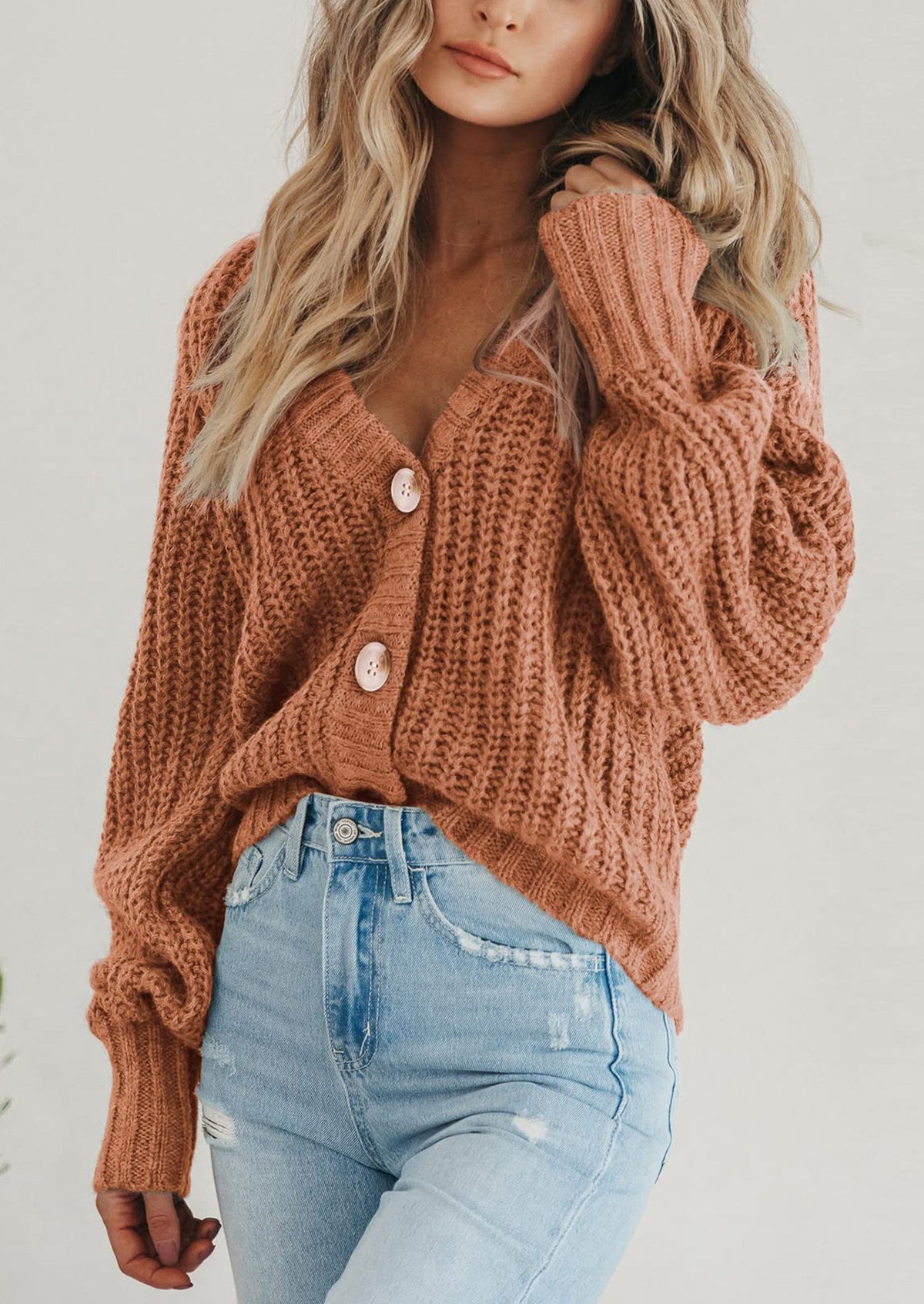 Pisania Women's Chunky Knit Open Front Sweater Long Sleeve Button Loose Short Cardigan Outerwear Coats