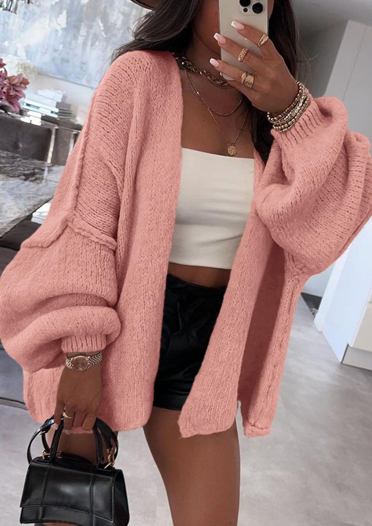 Pisania Womens Oversized Cardigan Sweaters Fall Long Lantern Sleeve Knit Open Front Lightweight Sweater