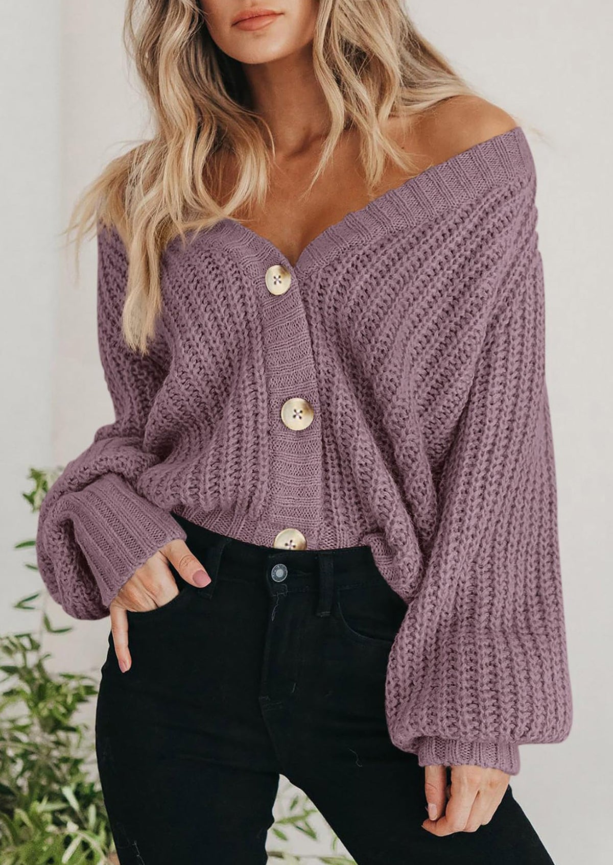 Pisania Women's Chunky Knit Open Front Sweater Long Sleeve Button Loose Short Cardigan Outerwear Coats