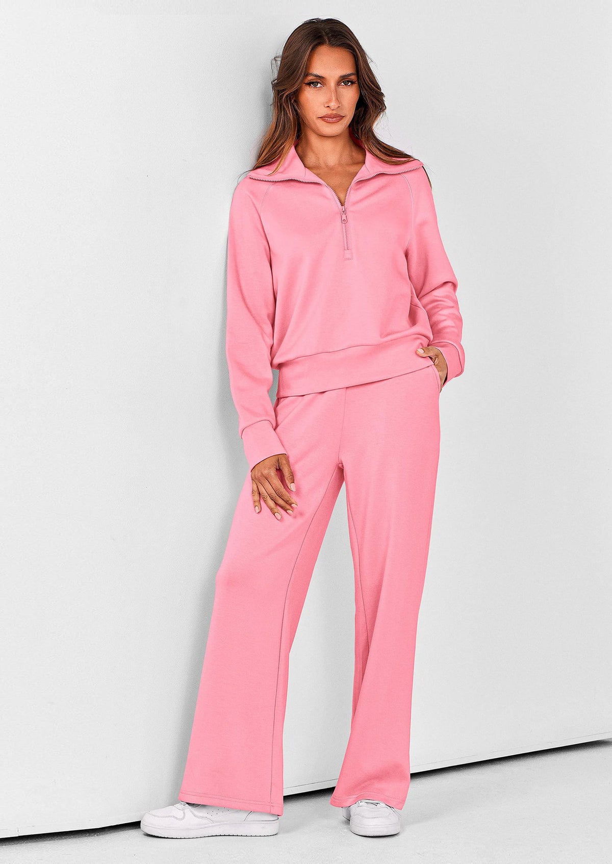 Pisania Women's 2 Piece Outfits Casual Lapel Half Zip Sweatshirts And Wide Leg Pants Tracksuit Sets